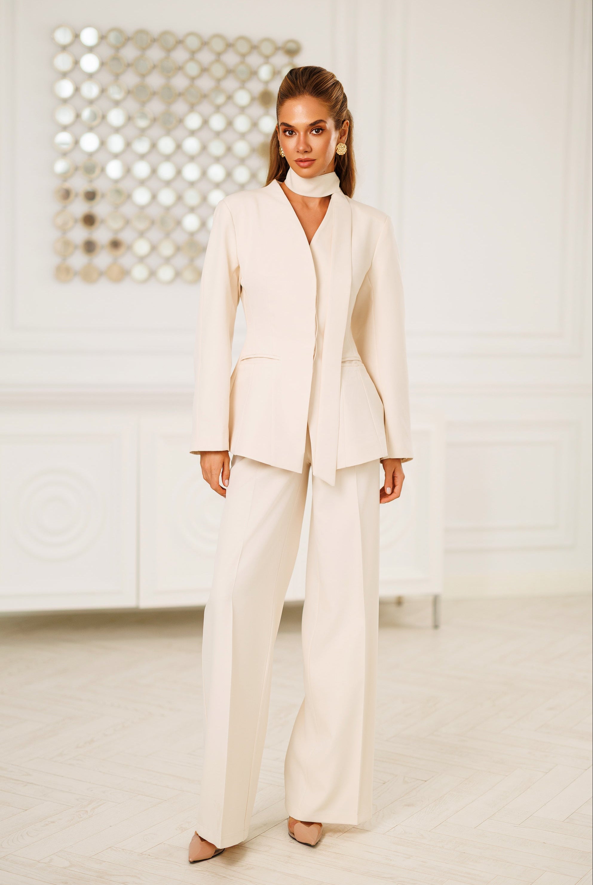 Beige Scarf-Neck Single-Breasted Suit 2-Piece - front view | ELAGIA