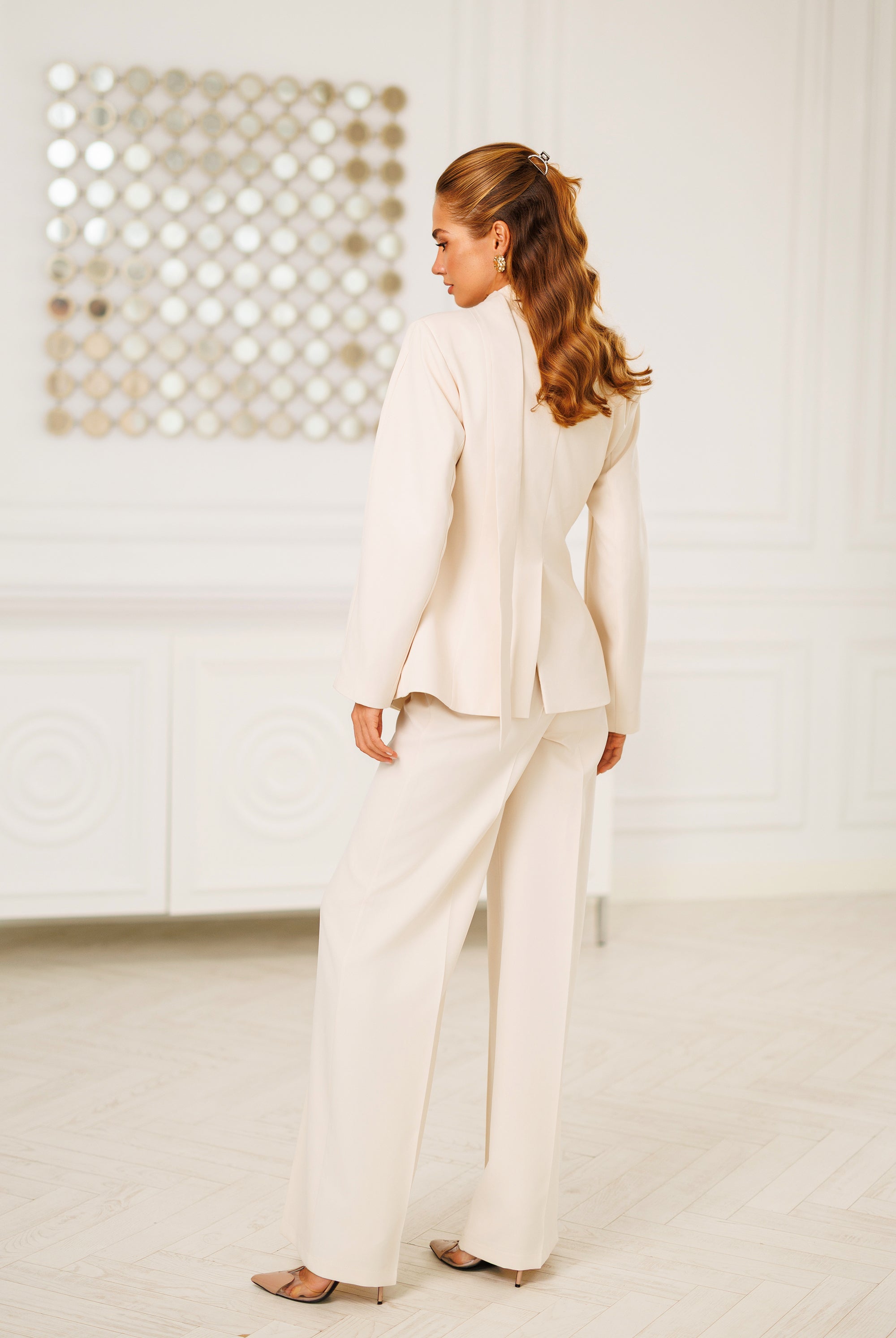 Beige Scarf-Neck Single-Breasted Suit 2-Piece - side view | ELAGIA