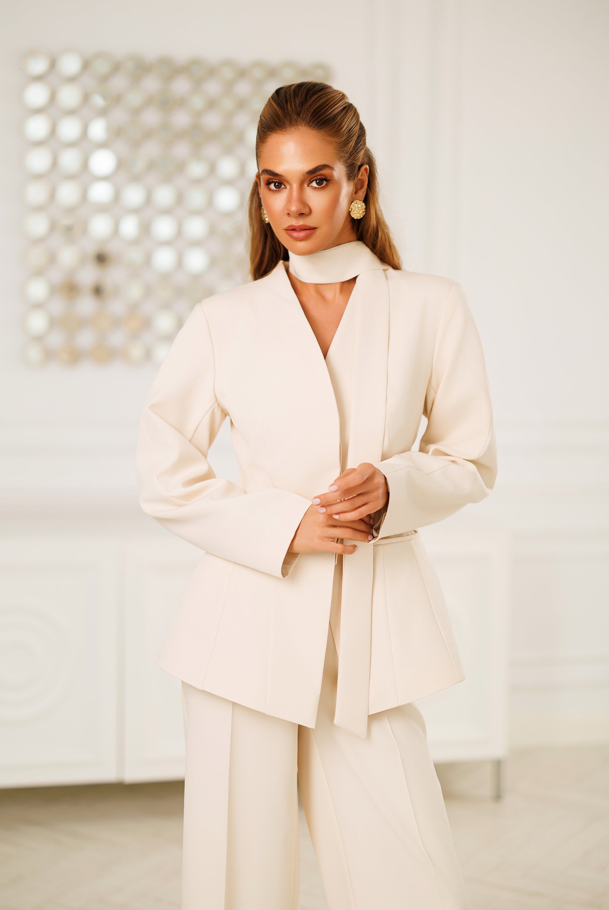 Beige Scarf-Neck Single-Breasted Suit 2-Piece - back view | ELAGIA