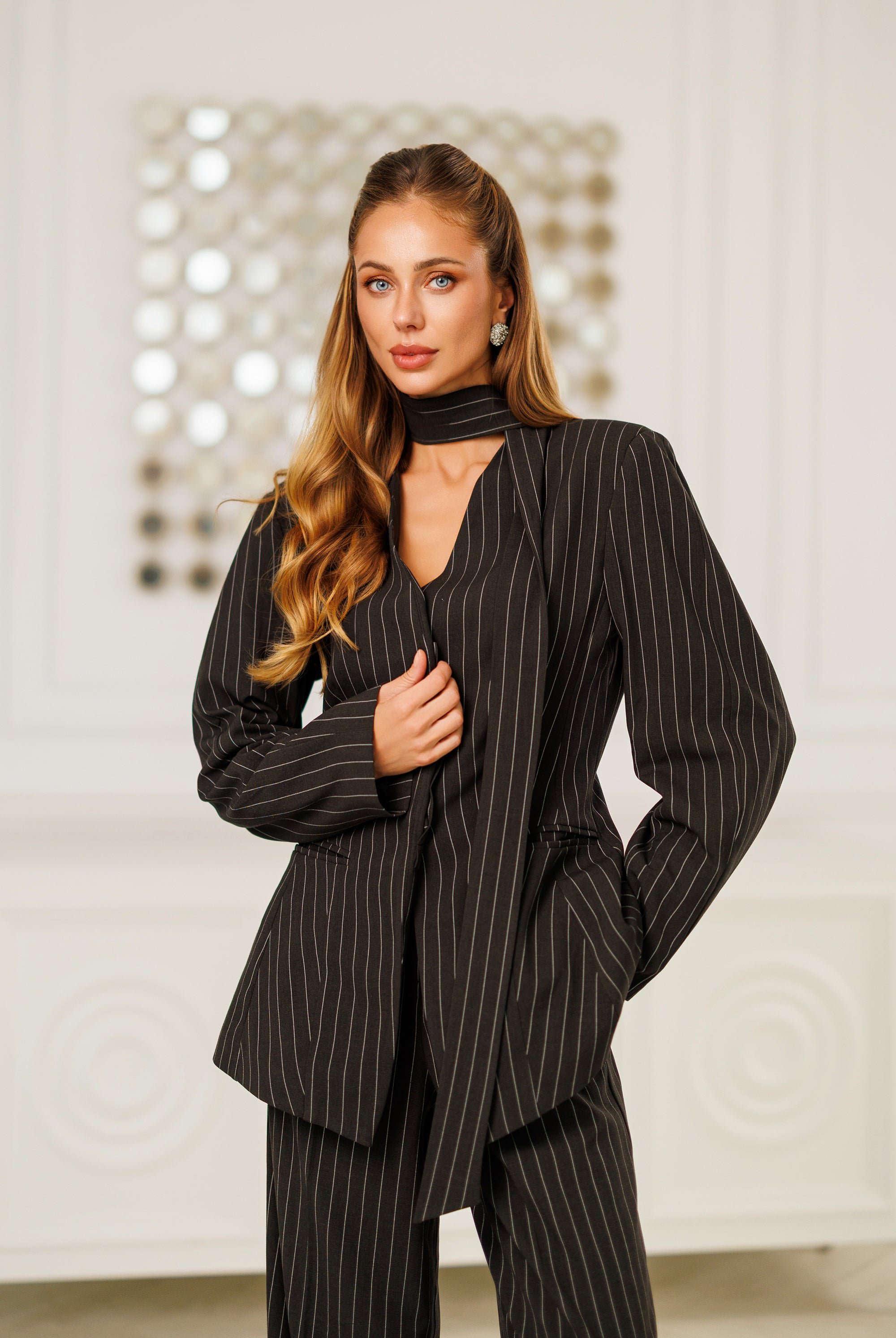 Dark Grey Striped Scarf-Neck Single-Breasted Suit 2-Piece - view 8 | ELAGIA