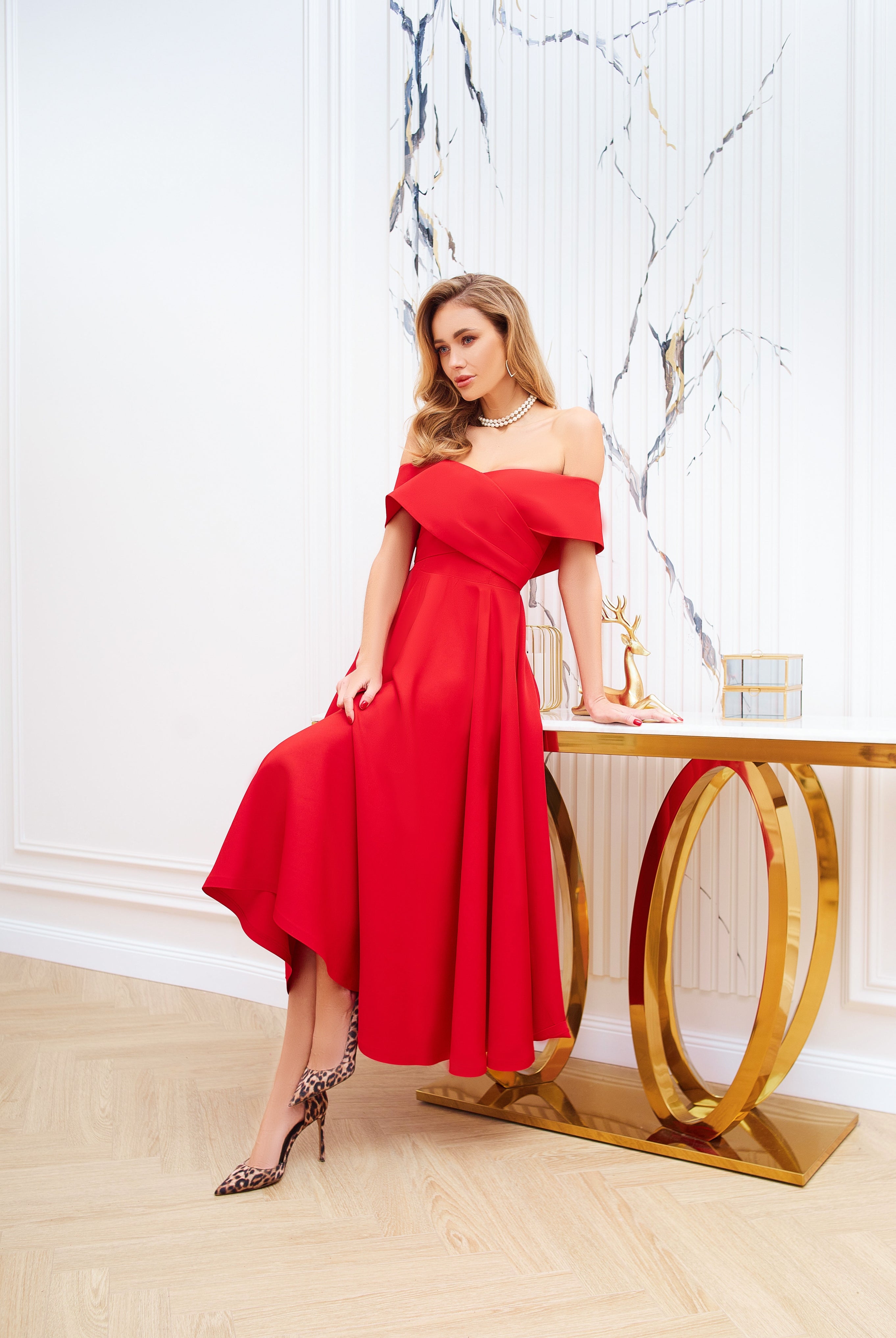 Red Off-The-Shoulder Midi Dress - back view | ELAGIA