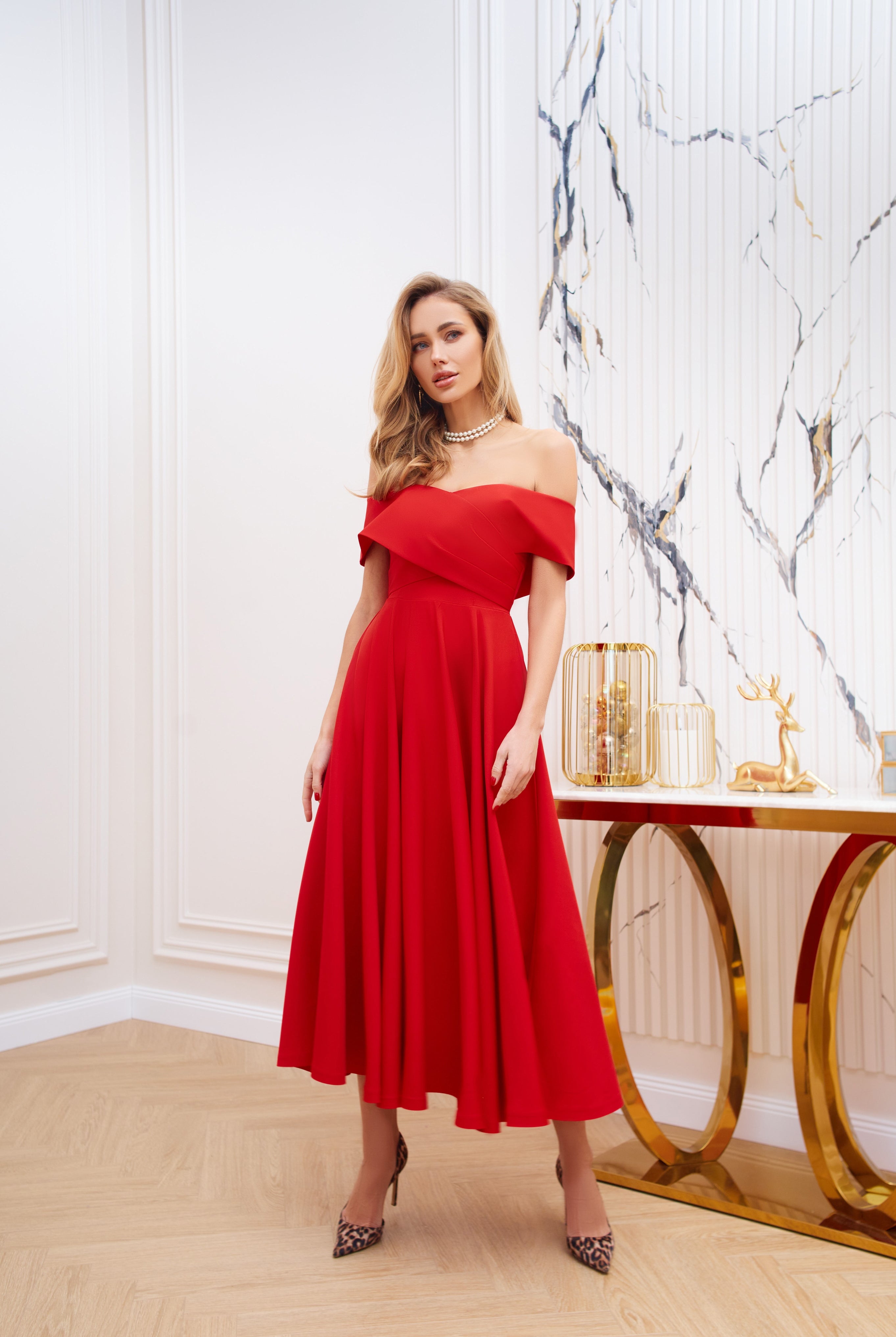 Red Off-The-Shoulder Midi Dress - front view | ELAGIA