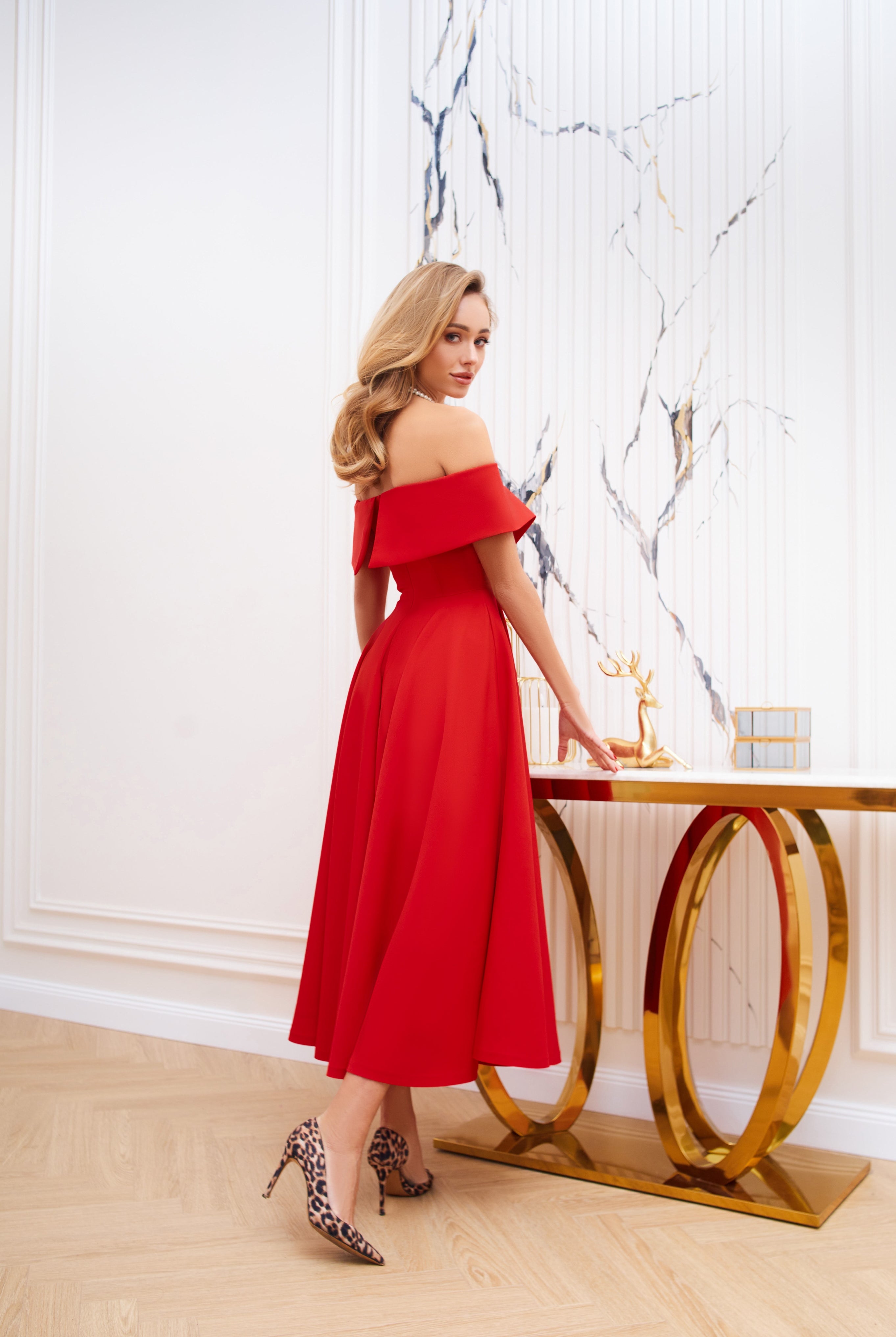 Red Off-The-Shoulder Midi Dress - side view | ELAGIA