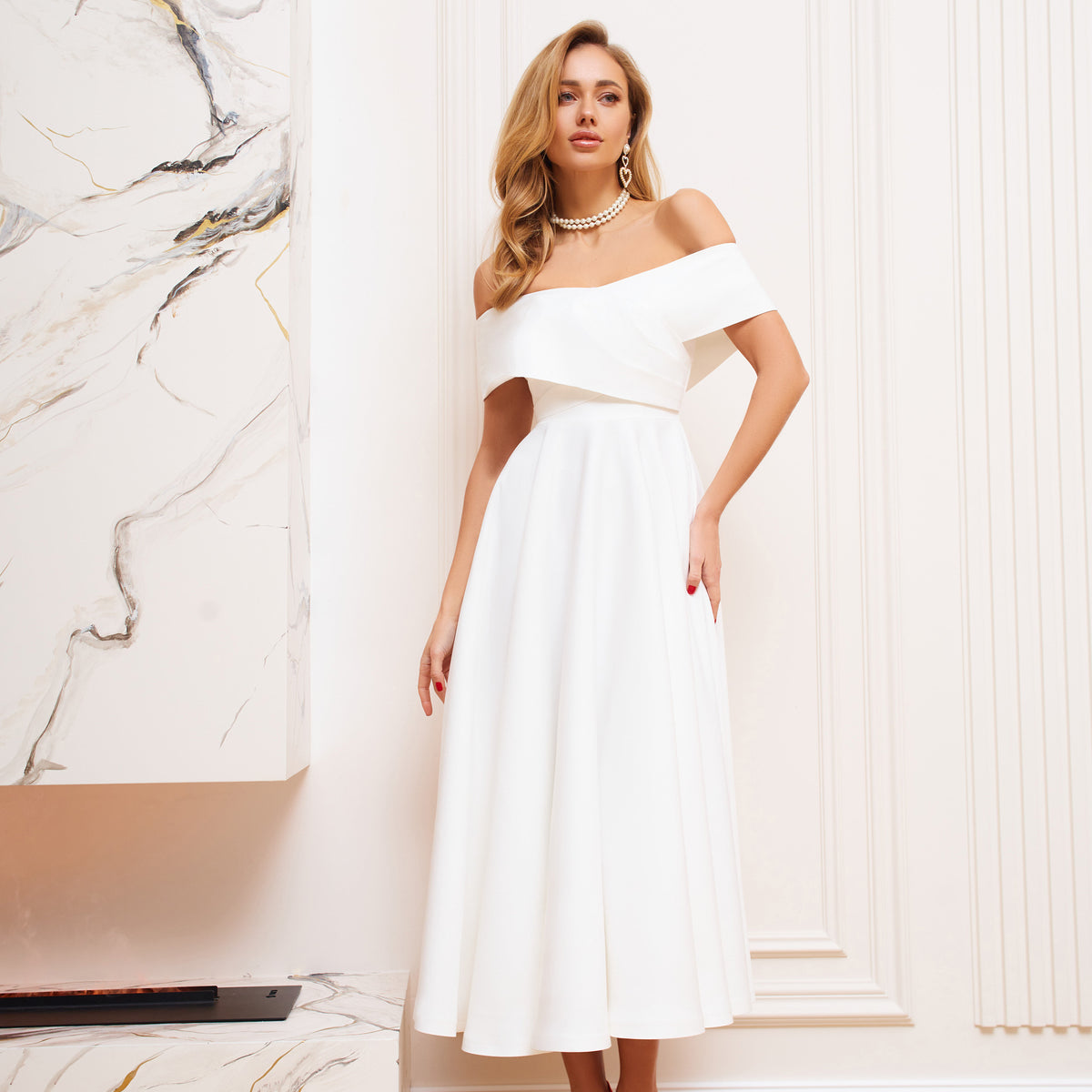 Women's White Off-The-Shoulder Dresses Maxi Midi Crepe Elagia Women's White Off-The-Shoulder Dresses Maxi Midi Crepe Elagia