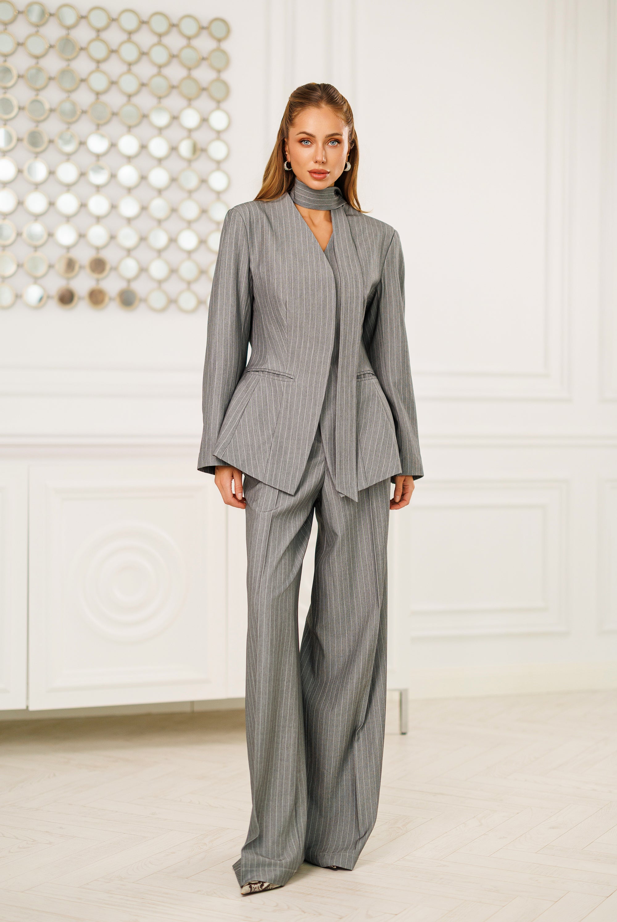 Grey Striped Scarf-Neck Single-Breasted Suit 2-Piece - view 6 | ELAGIA