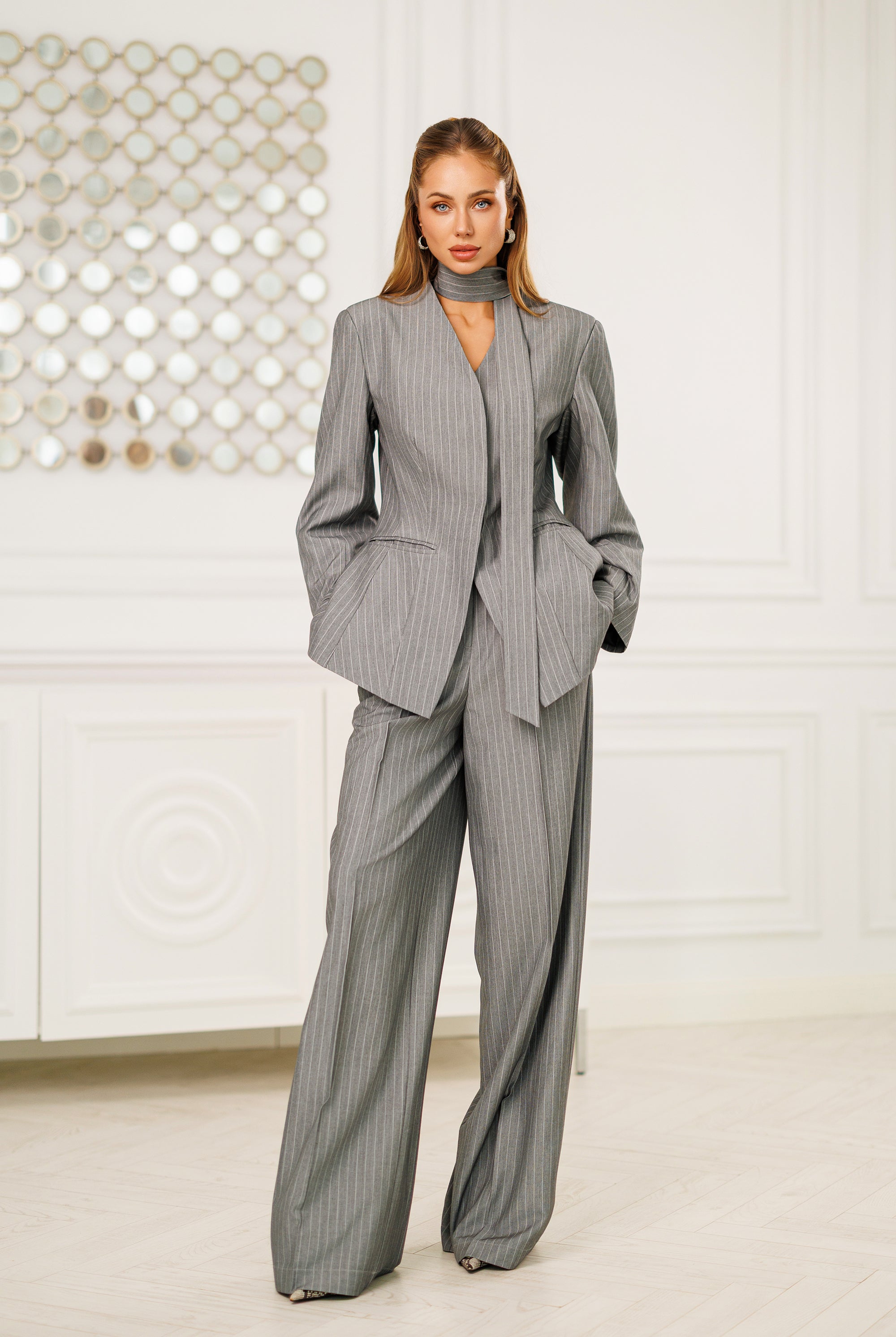 Grey Striped Scarf-Neck Single-Breasted Suit 2-Piece - styled look | ELAGIA