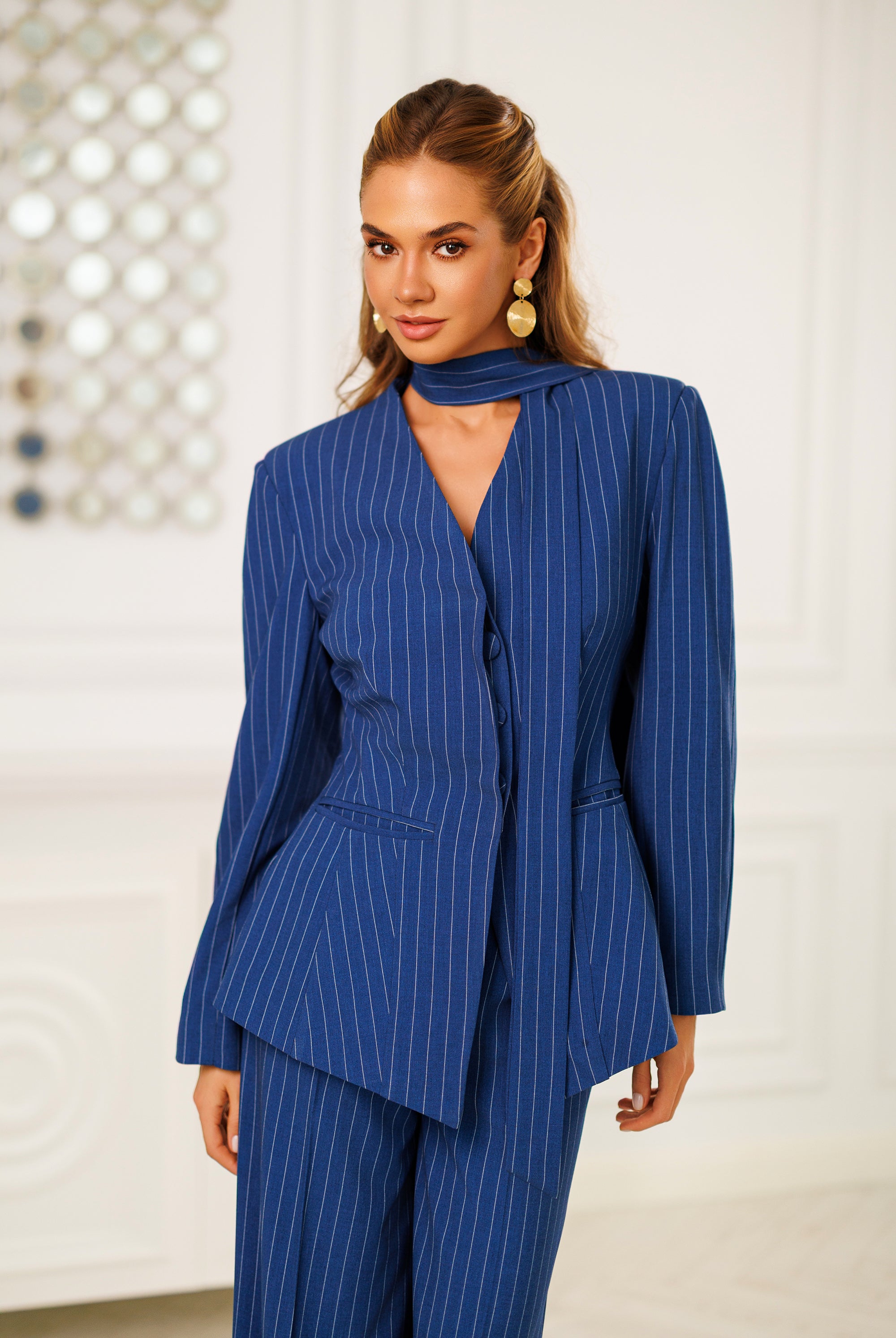Navy Striped Scarf-Neck Single-Breasted Suit 2-Piece - view 9 | ELAGIA