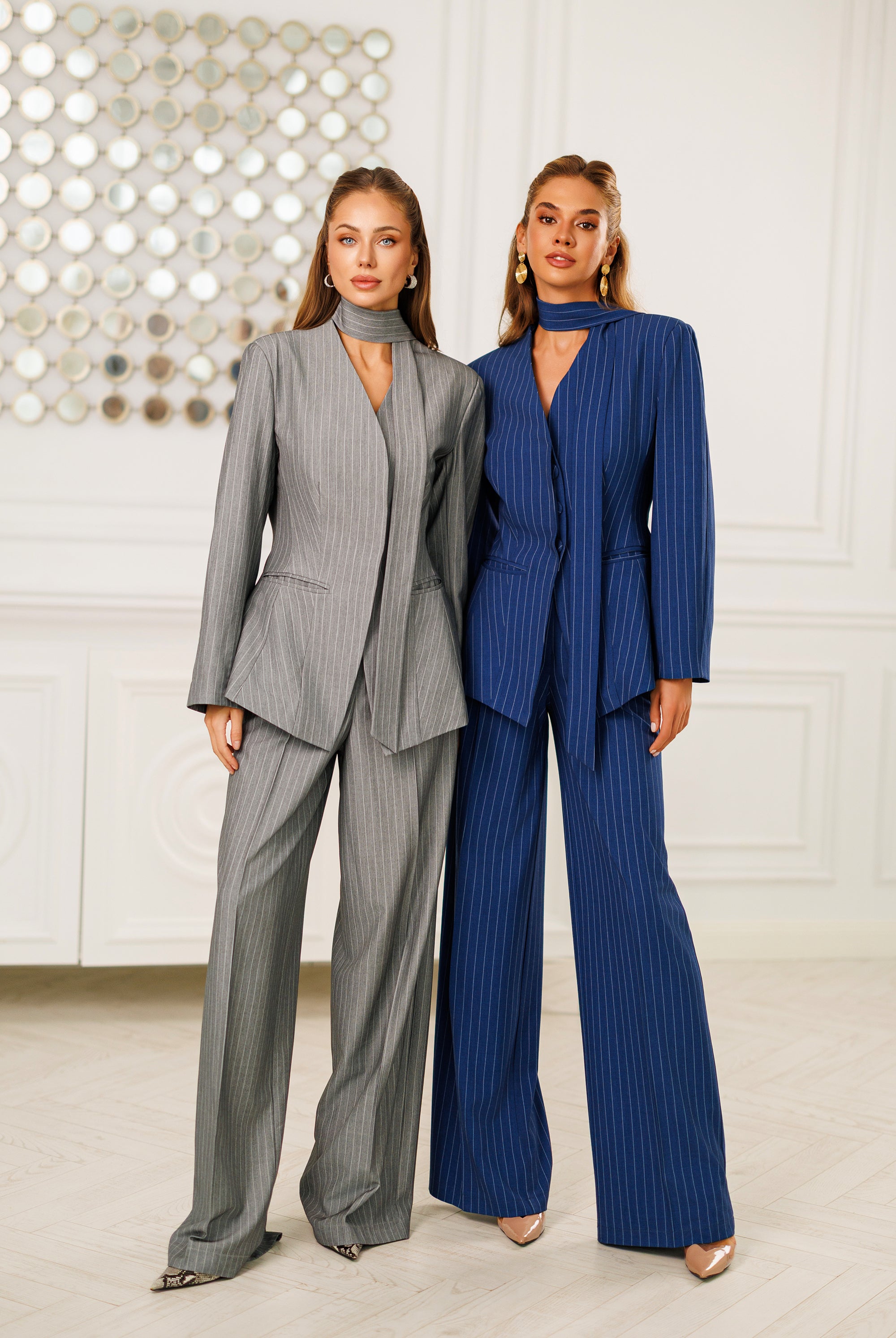 Grey Striped Scarf-Neck Single-Breasted Suit 2-Piece - view 10 | ELAGIA