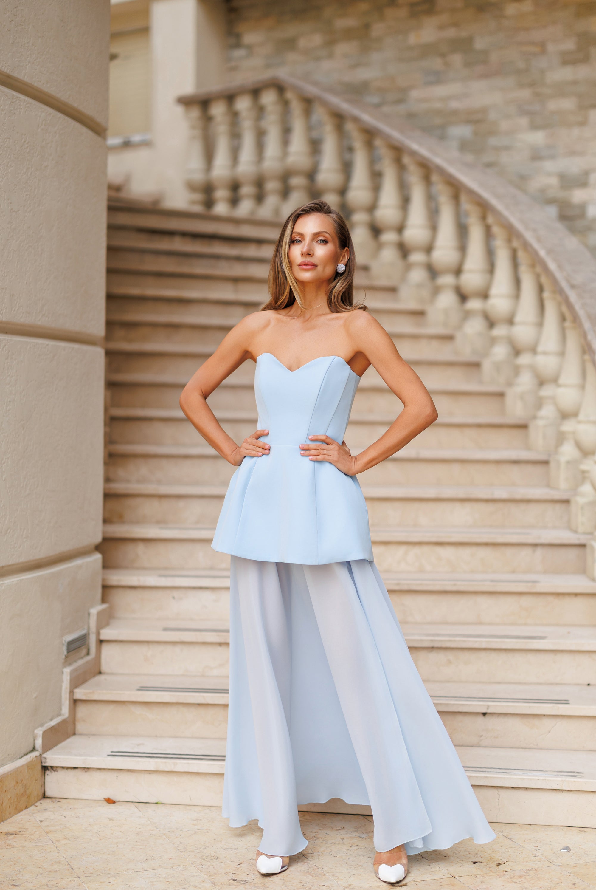 Sky-Blue Strapless Sweetheart Chiffon Skirt Maxi Dress - view 7 | ELAGIA