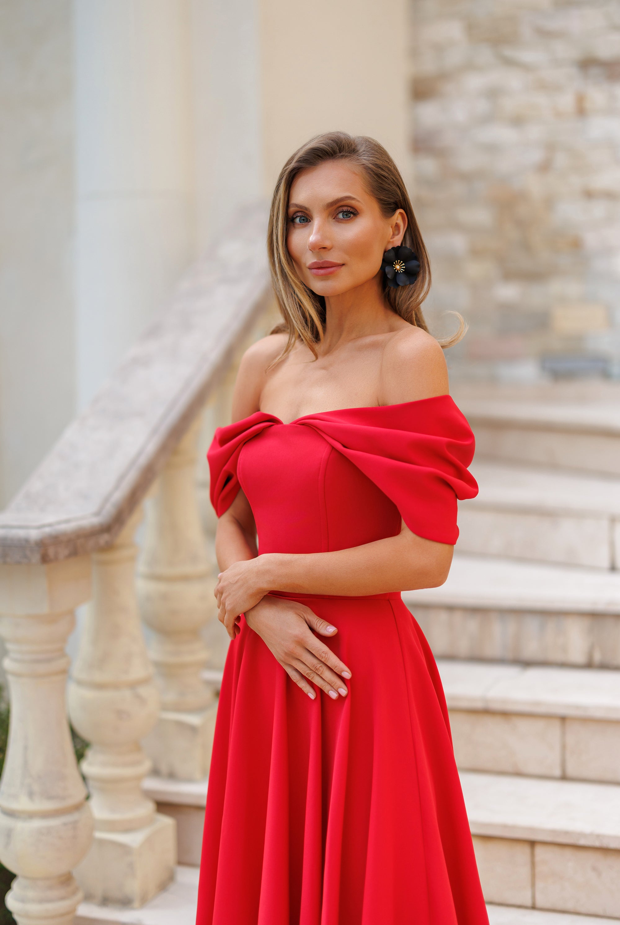 Red Off-The-Shoulder Draped Sleeve Midi Dress - back view | ELAGIA