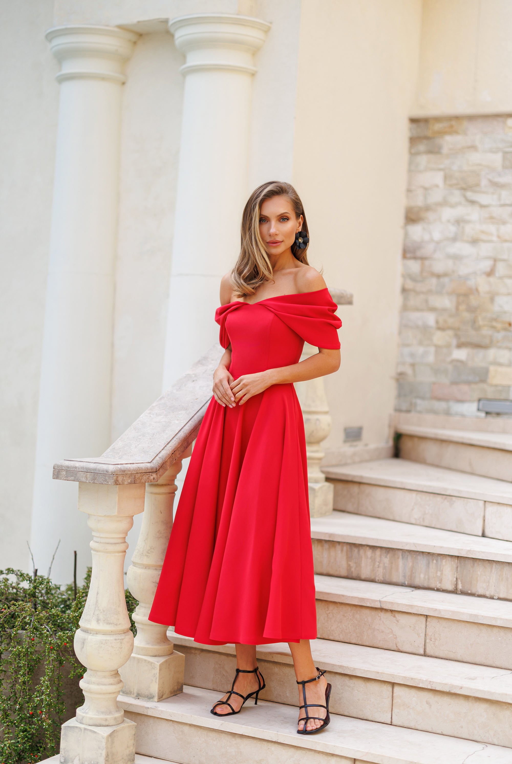 Red Off-The-Shoulder Draped Sleeve Midi Dress - front view | ELAGIA