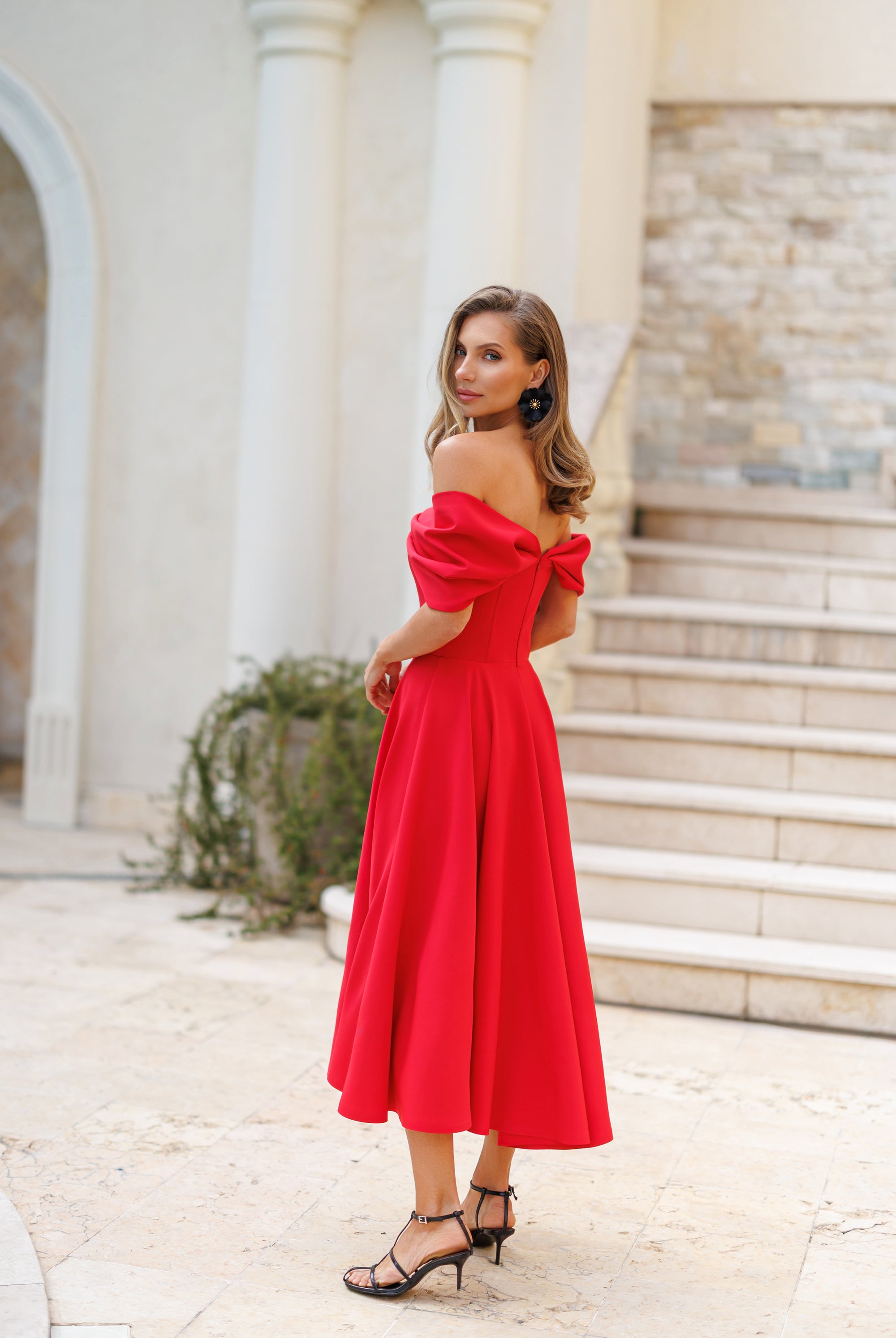 Red Off-The-Shoulder Draped Sleeve Midi Dress - side view | ELAGIA