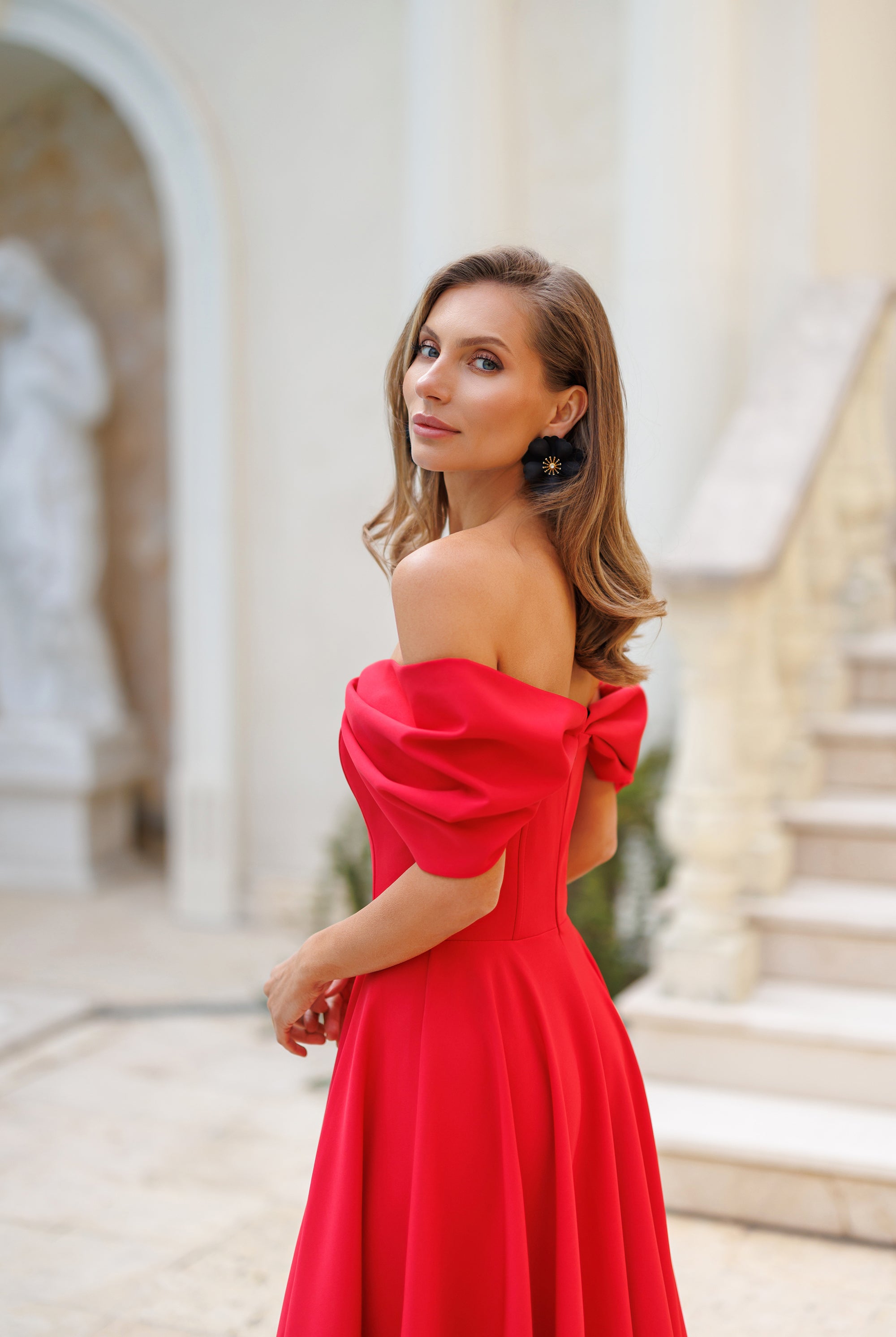 Red Off-The-Shoulder Draped Sleeve Midi Dress - close-up detail | ELAGIA