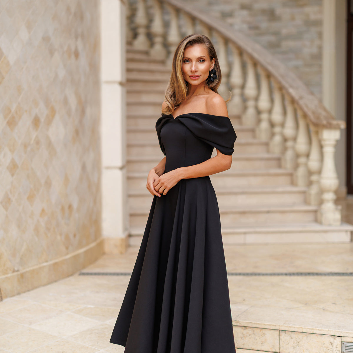 BLACK MIDI OFF SHOULDER DRESS