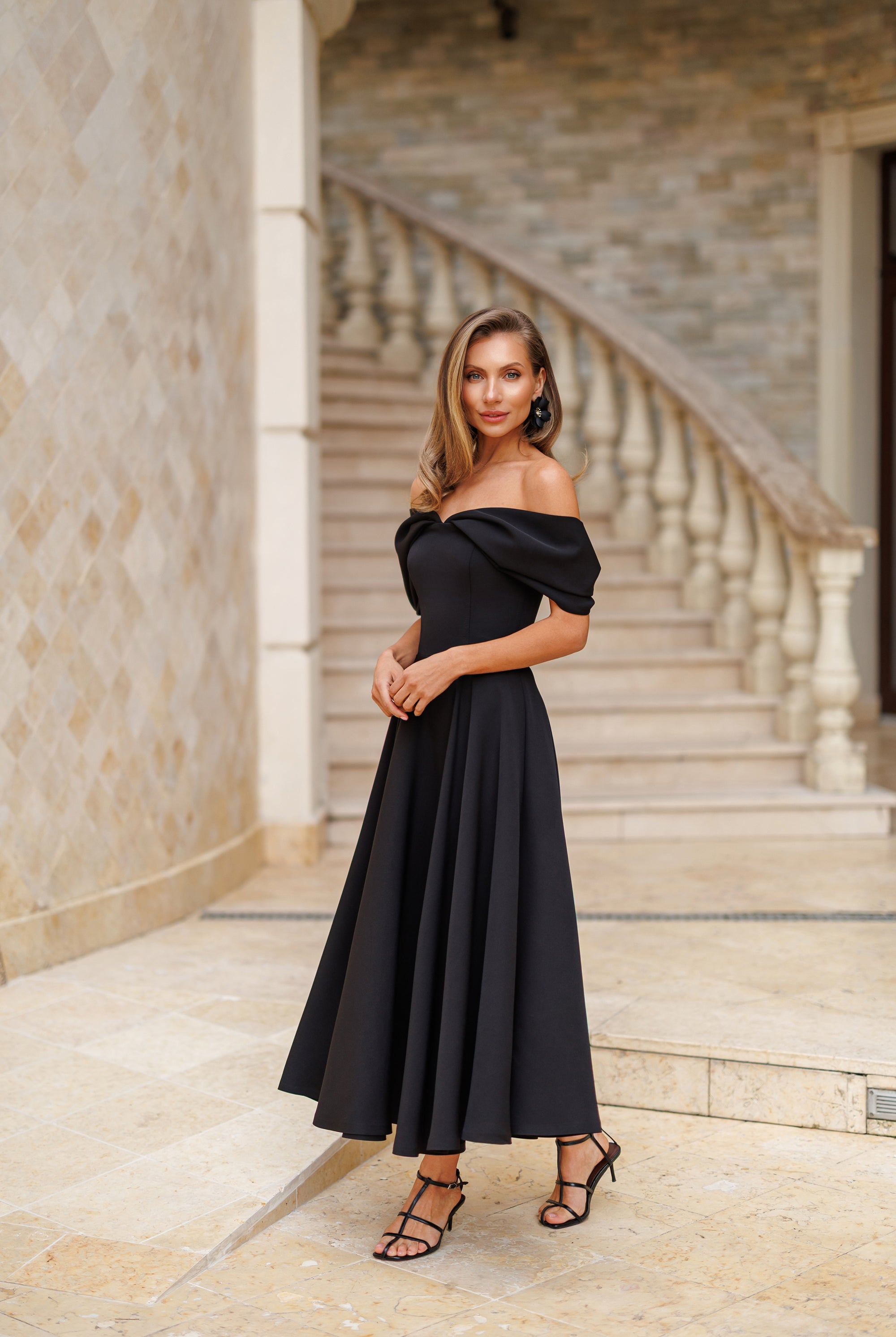 Black Off-The-Shoulder Draped Sleeve Midi Dress - front view | ELAGIA