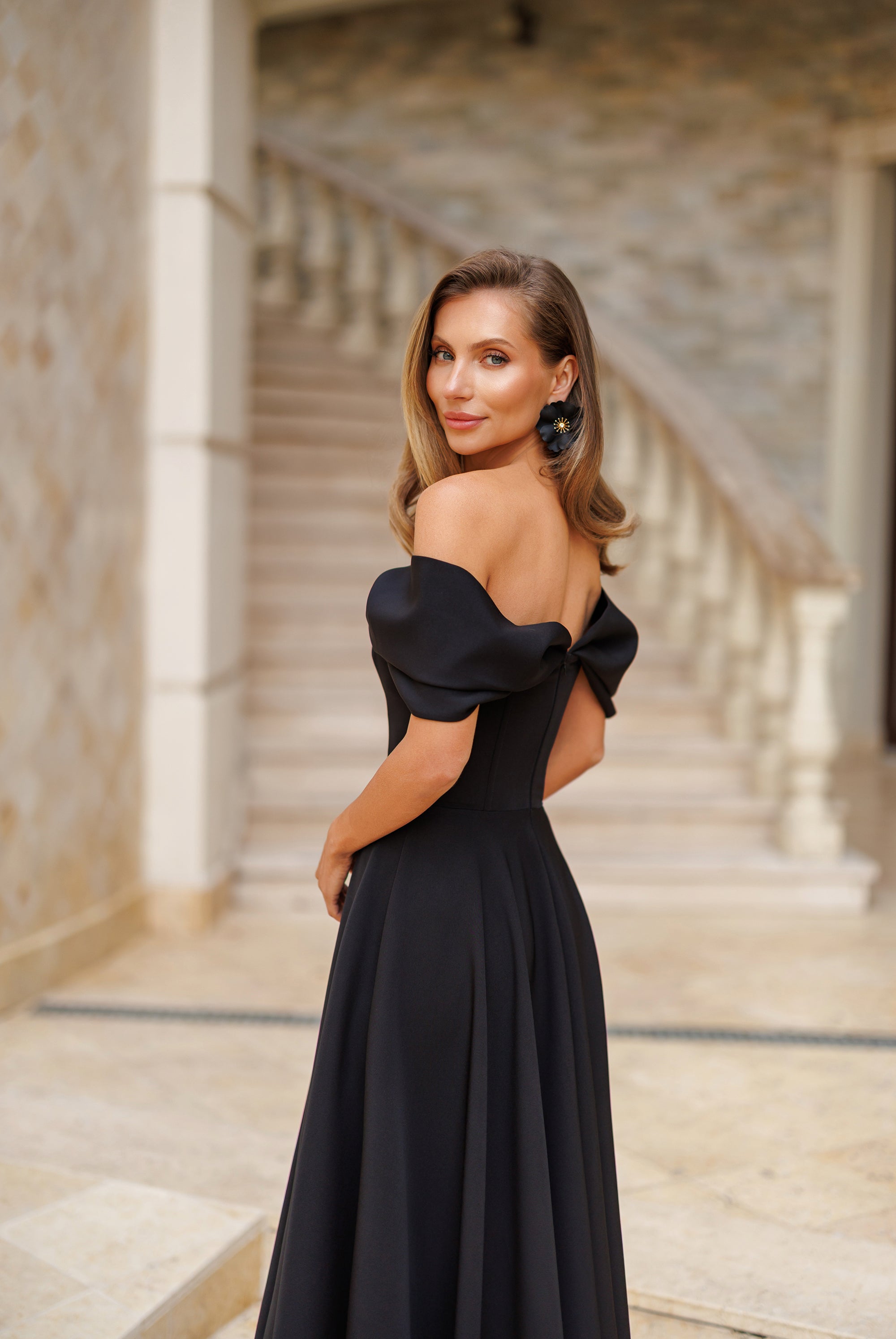 Black Off-The-Shoulder Draped Sleeve Midi Dress - back view | ELAGIA
