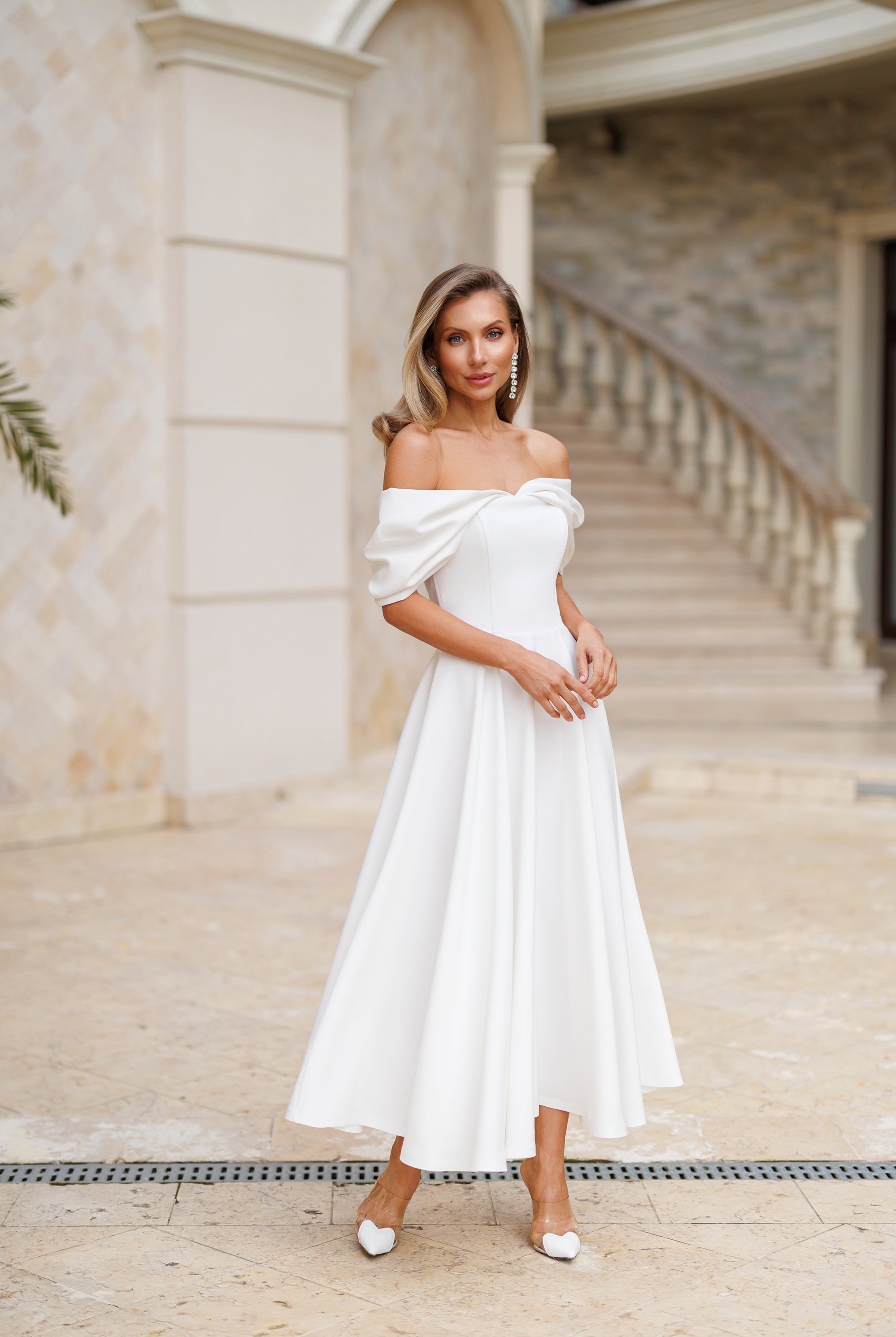 White Off-The-Shoulder Draped Sleeve Midi Dress - front view | ELAGIA
