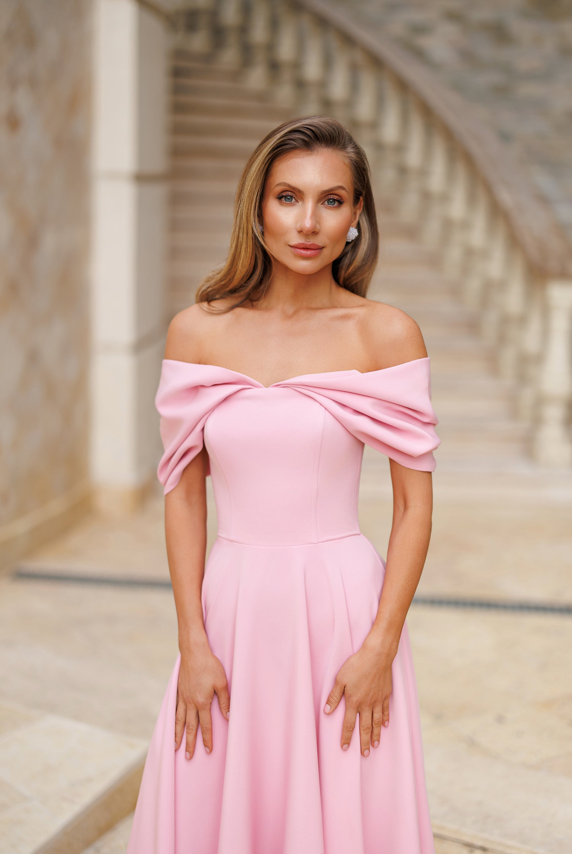 Pink Off-The-Shoulder Draped Sleeve Midi Dress - back view | ELAGIA