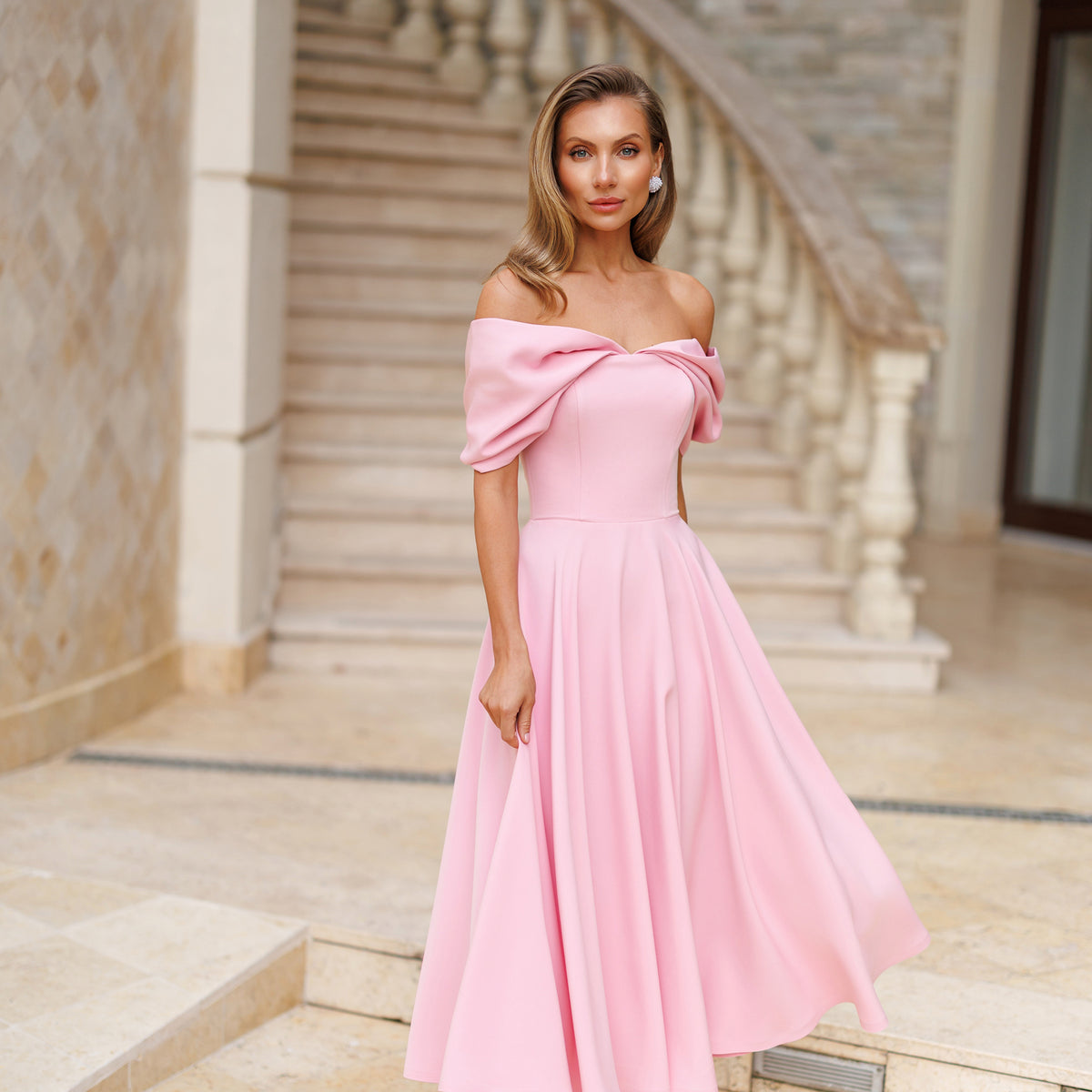 Pink Off-Shoulder Draped Sleeve Midi Dress
