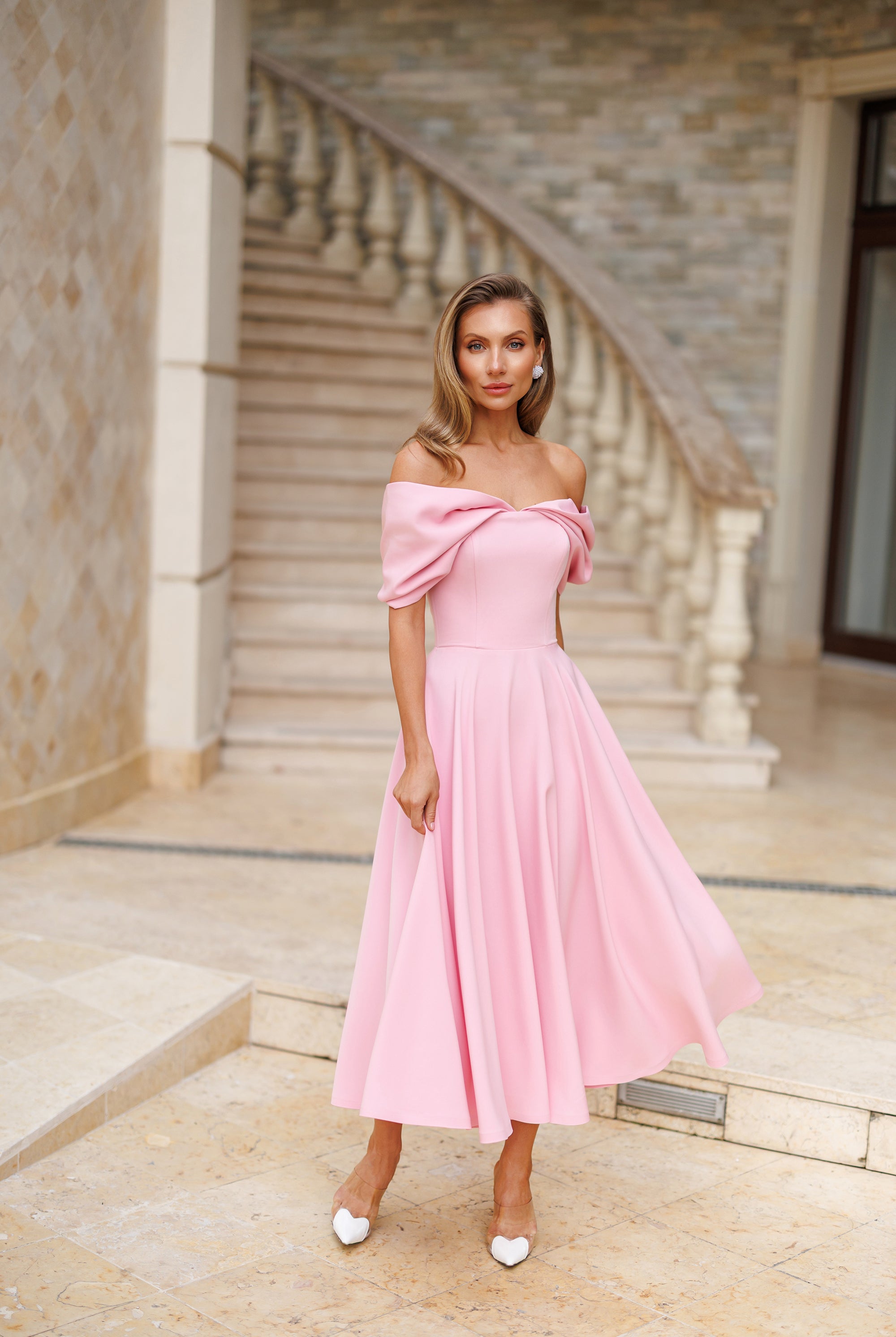 Pink Off-The-Shoulder Draped Sleeve Midi Dress - front view | ELAGIA