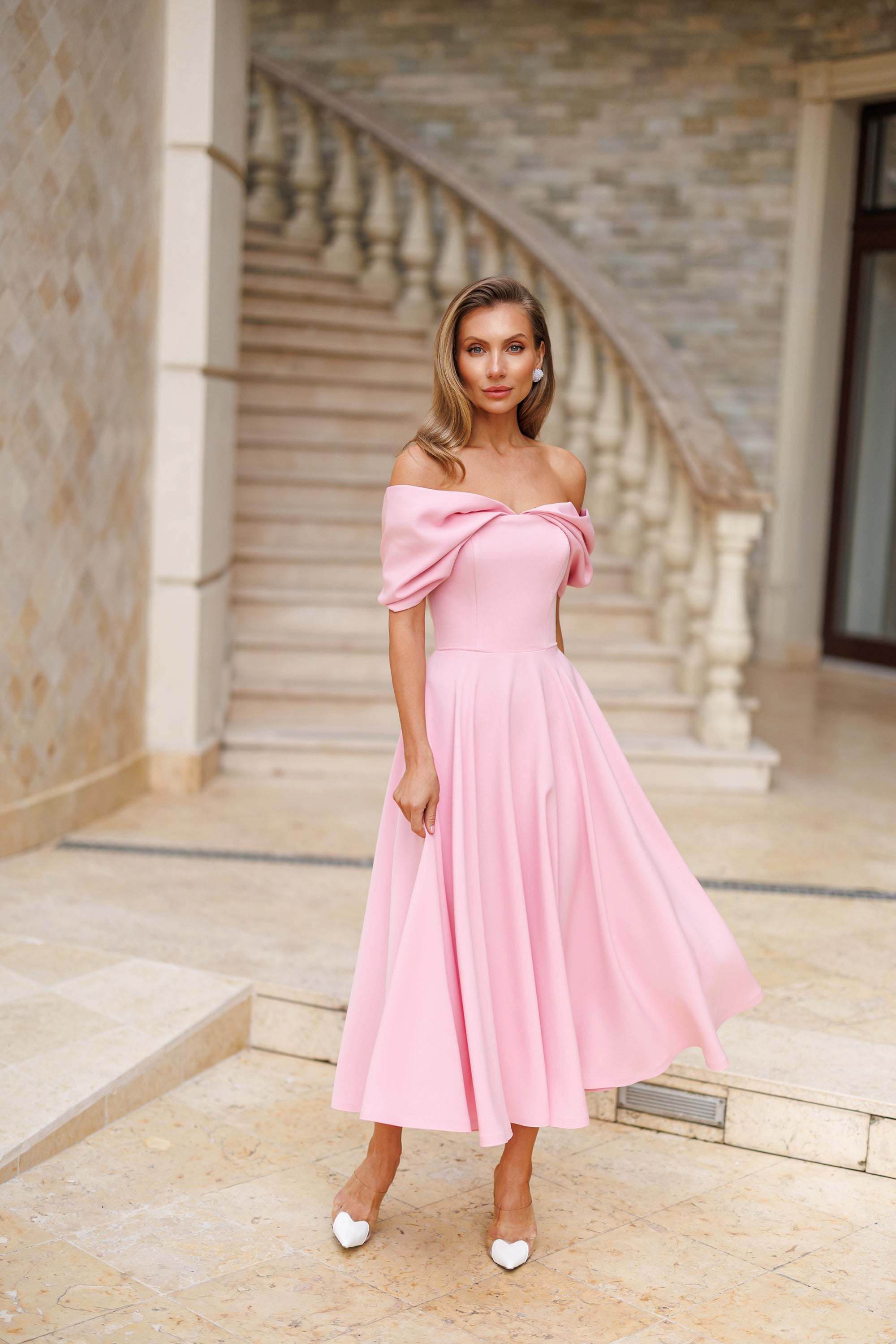 Pink Off-Shoulder Draped Sleeve Midi Dress