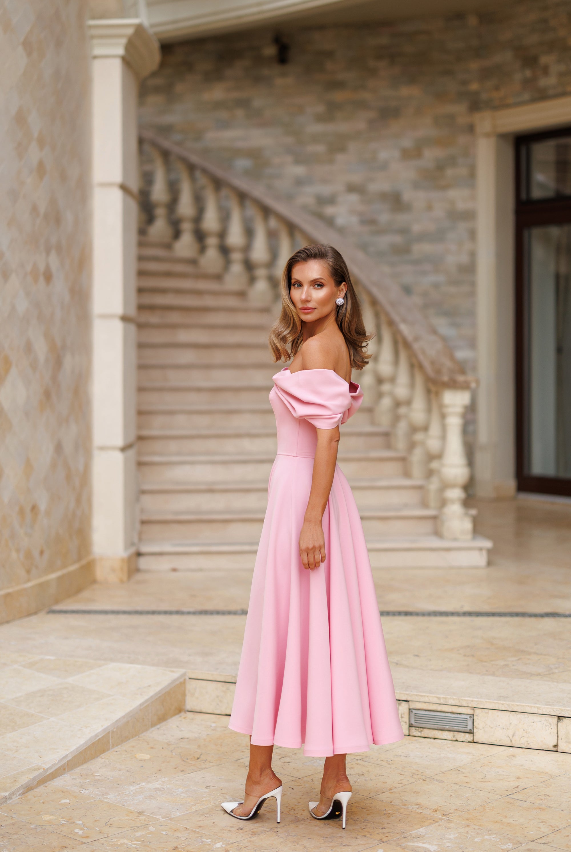 Pink Off-The-Shoulder Draped Sleeve Midi Dress - side view | ELAGIA
