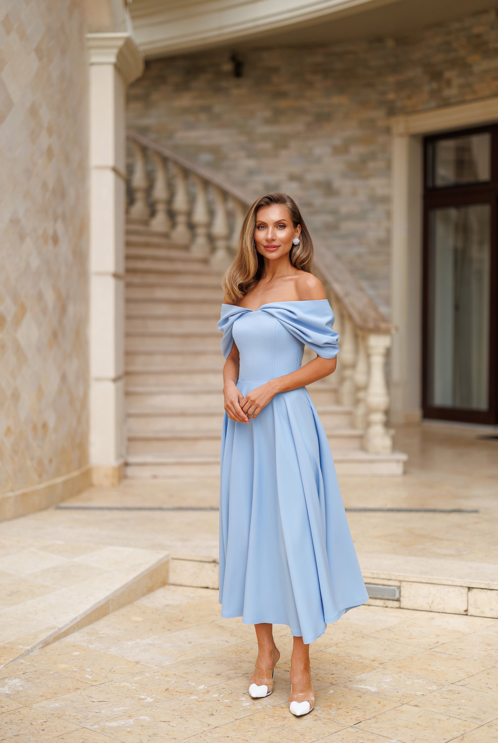 Sky-Blue Off-The-Shoulder Draped Sleeve Midi Dress - front view | ELAGIA