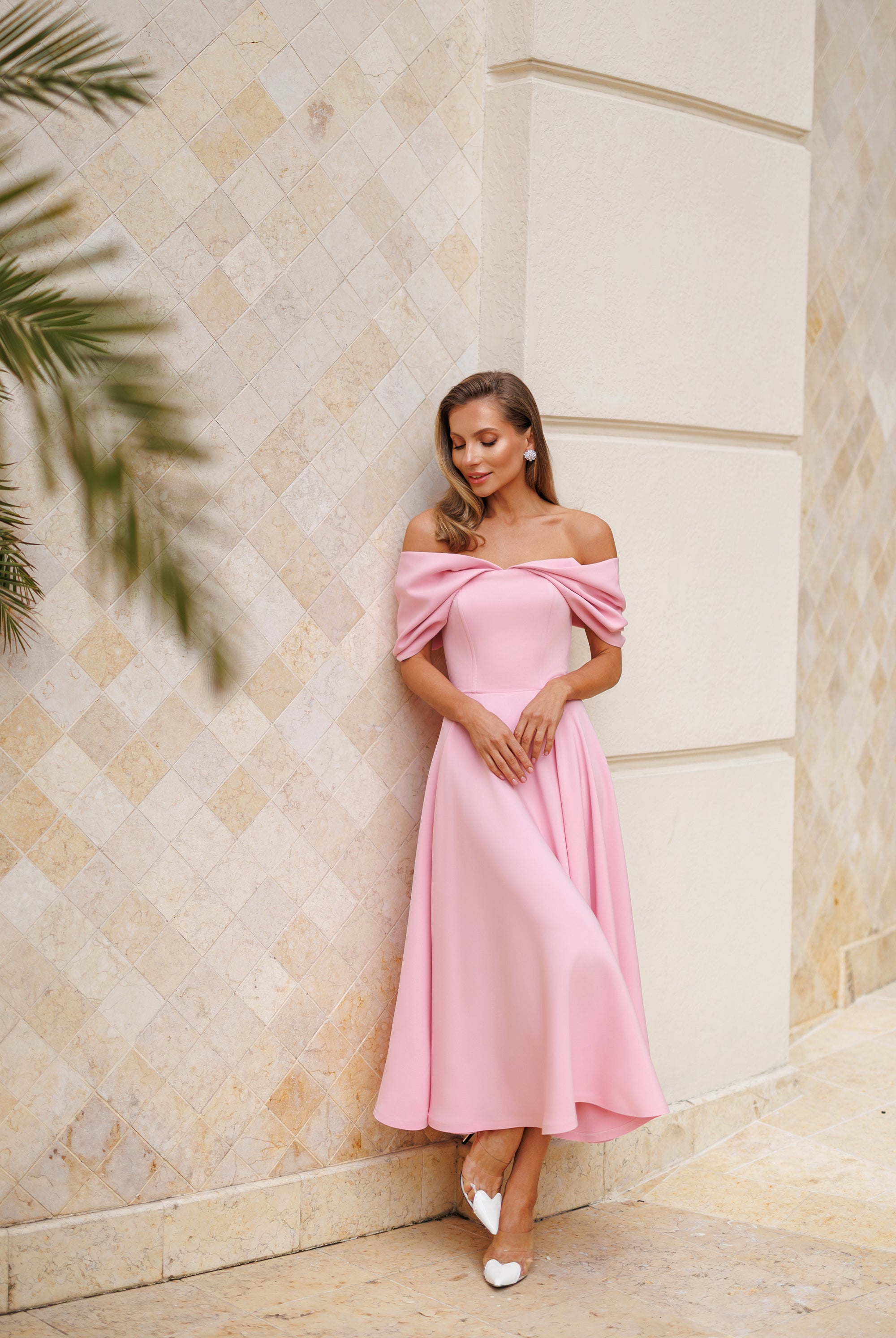 Pink Off-The-Shoulder Draped Sleeve Midi Dress - styled look | ELAGIA