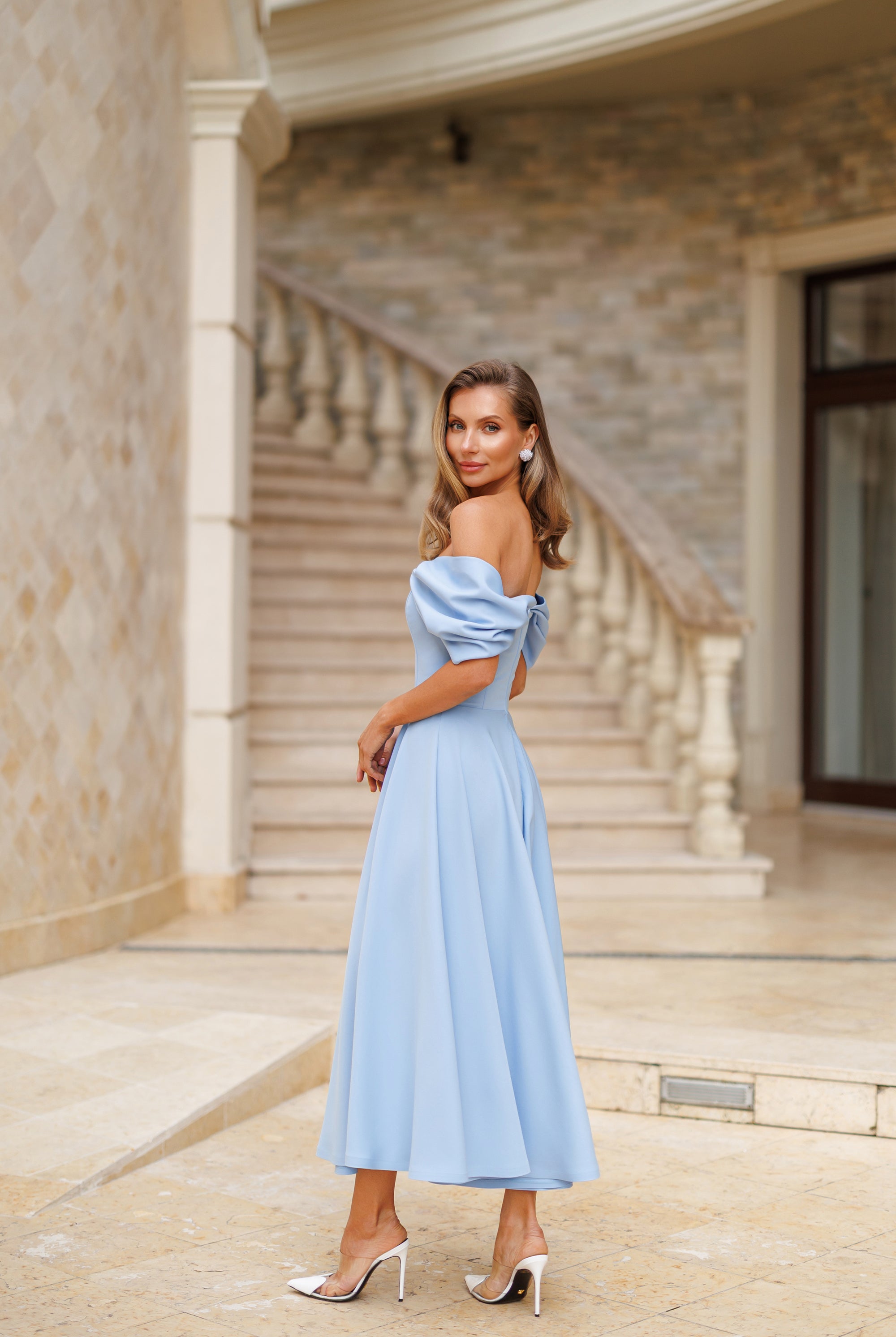 Sky-Blue Off-The-Shoulder Draped Sleeve Midi Dress - side view | ELAGIA