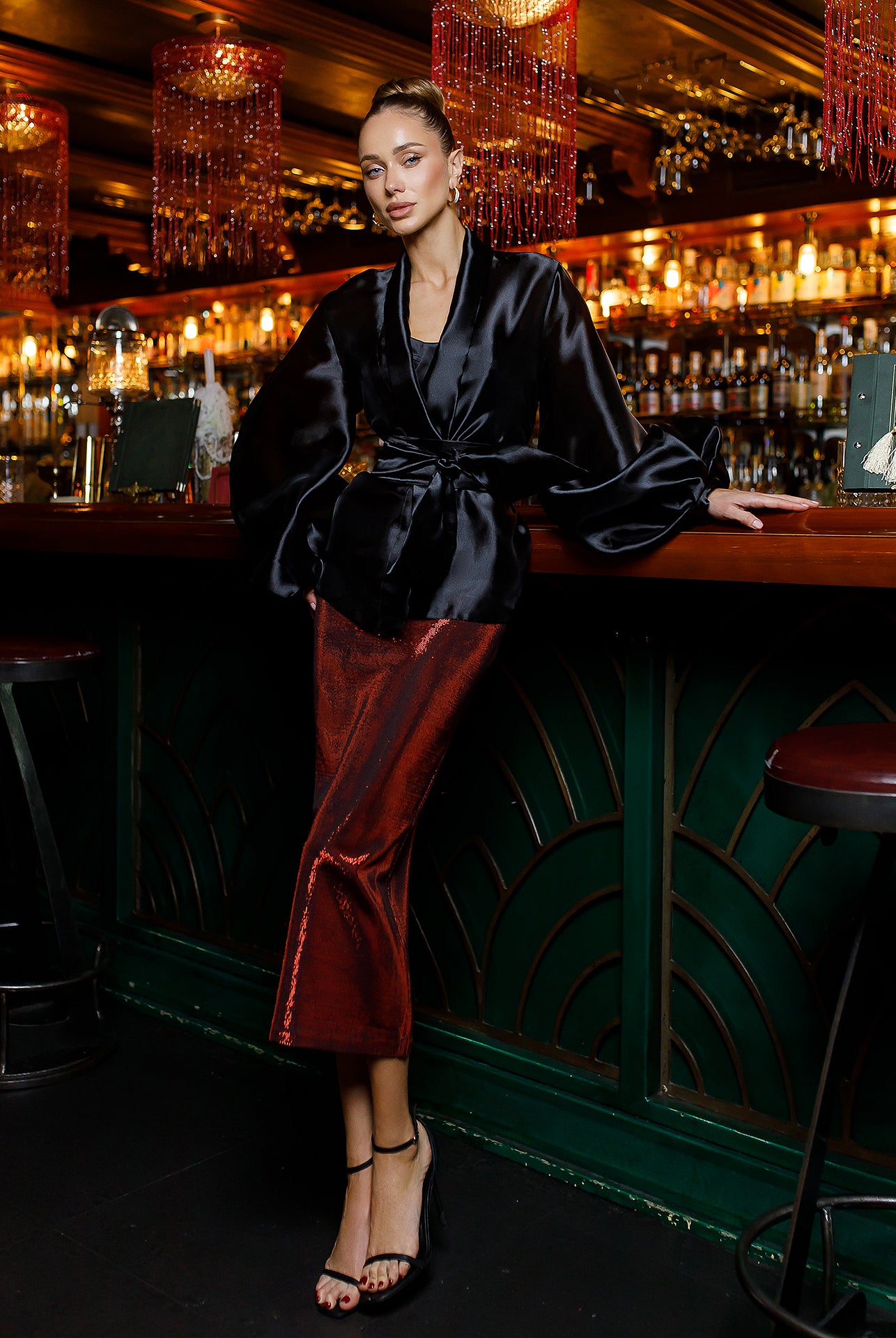 Black Shawl Collar Puff-Sleeve Belted Tunic Blouse - side view | ELAGIA