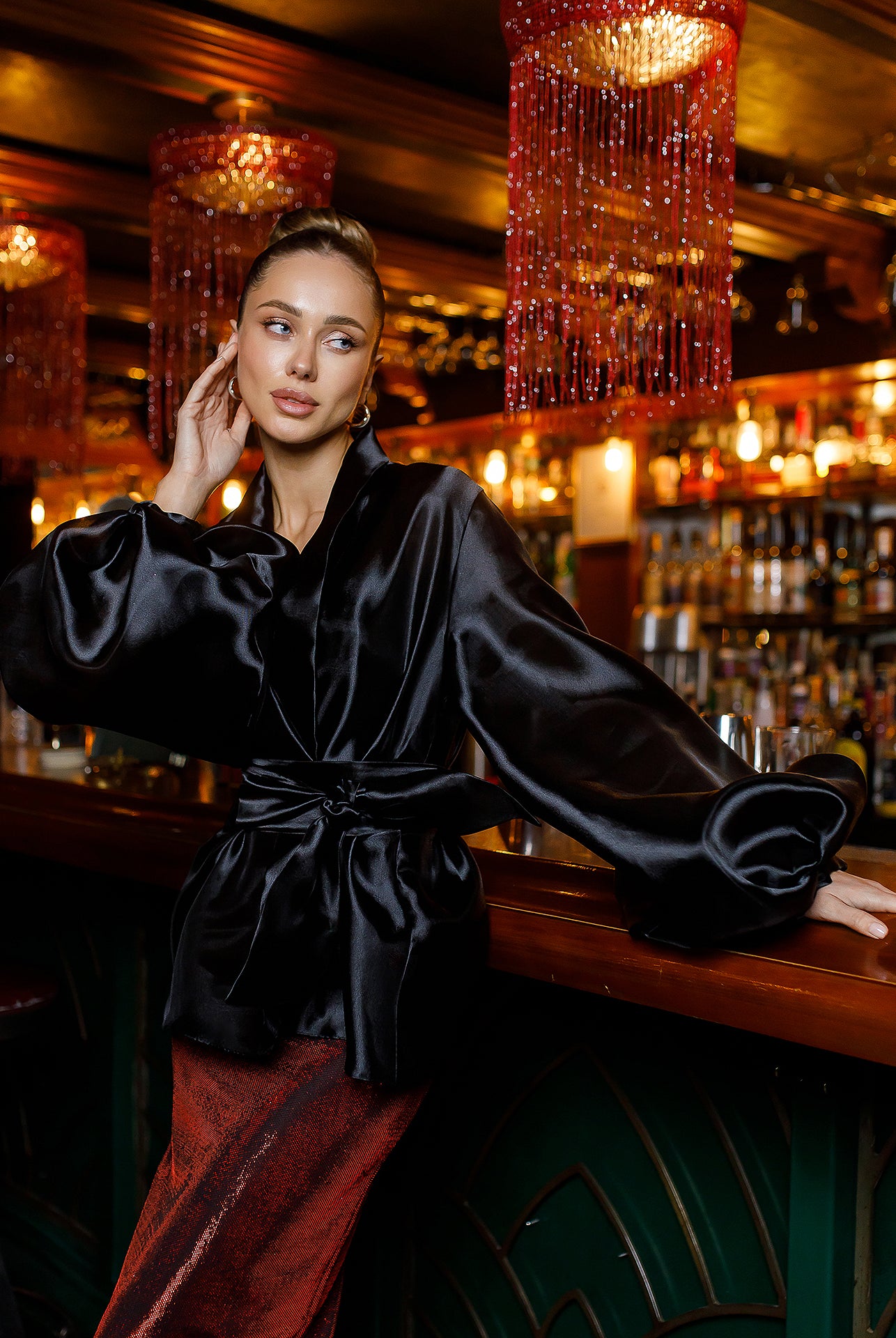 Black Shawl Collar Puff-Sleeve Belted Tunic Blouse - front view | ELAGIA