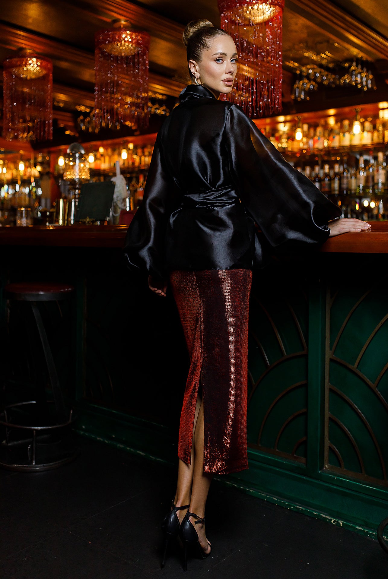 Black Shawl Collar Puff-Sleeve Belted Tunic Blouse - back view | ELAGIA