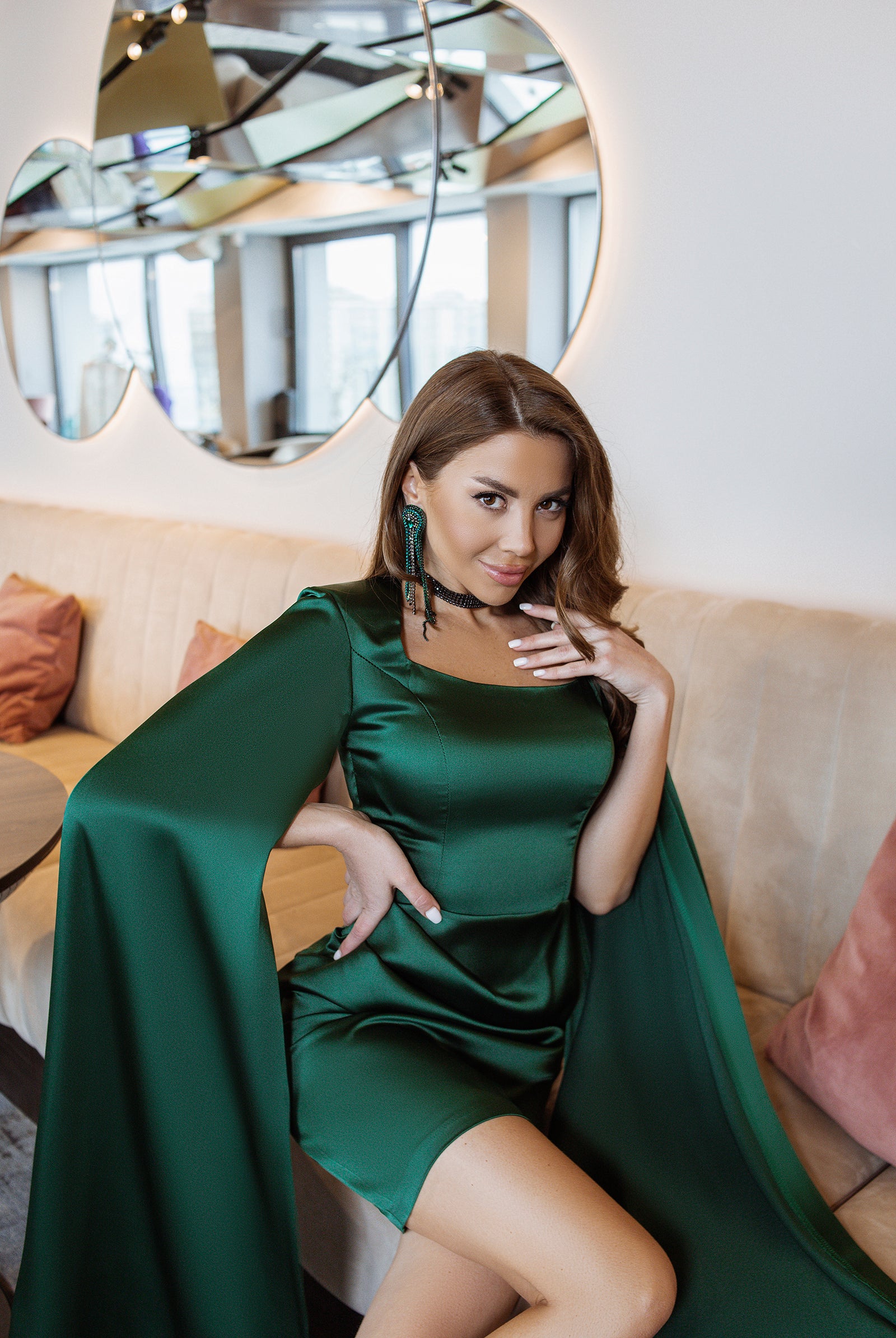 ELAGIA Emerald Satin Cloak Sleeve Mini Dress back view showing dramatic cloak sleeves - purple business suit women