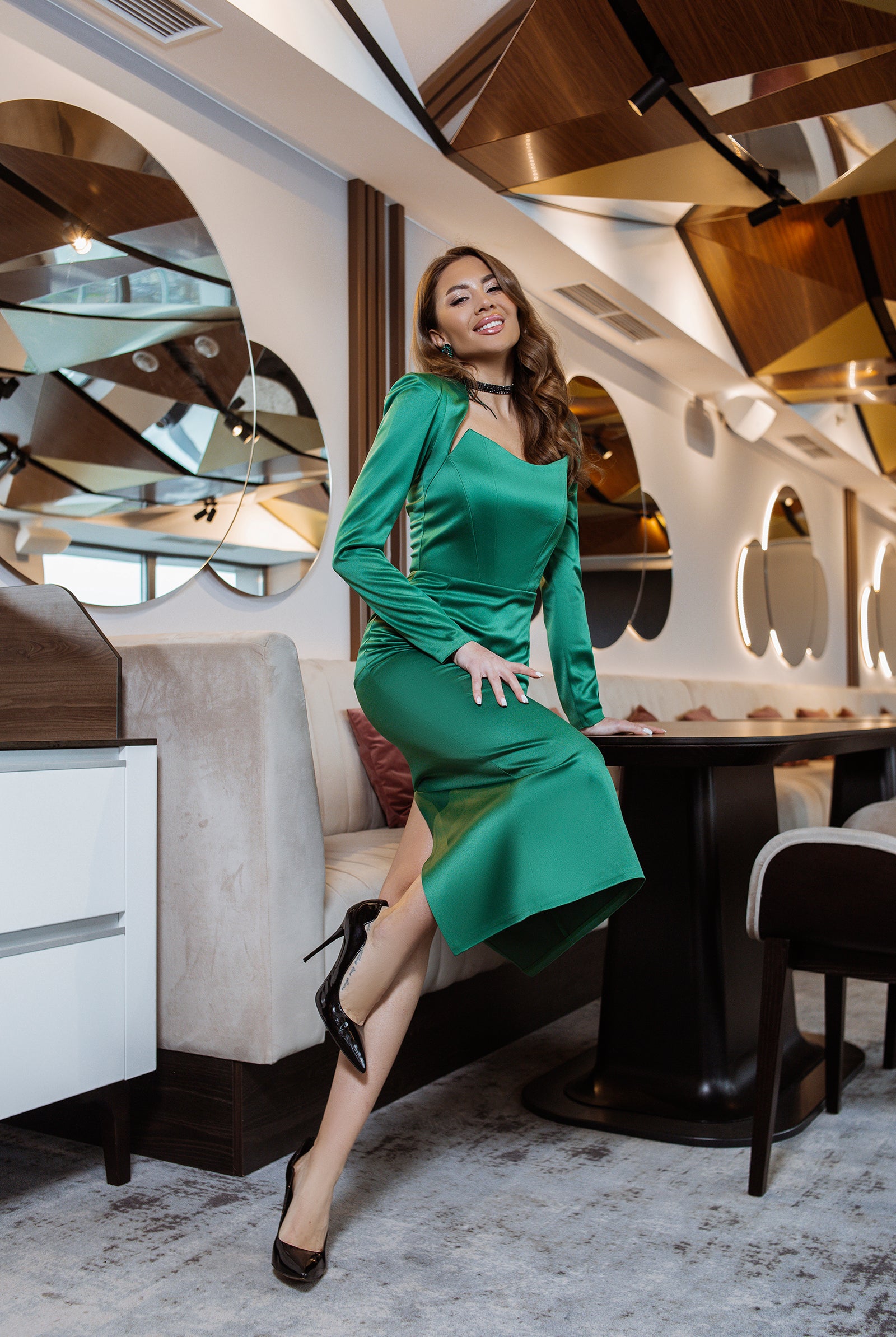 Emerald Satin Long Sleeve Midi Dress - view 8 | ELAGIA