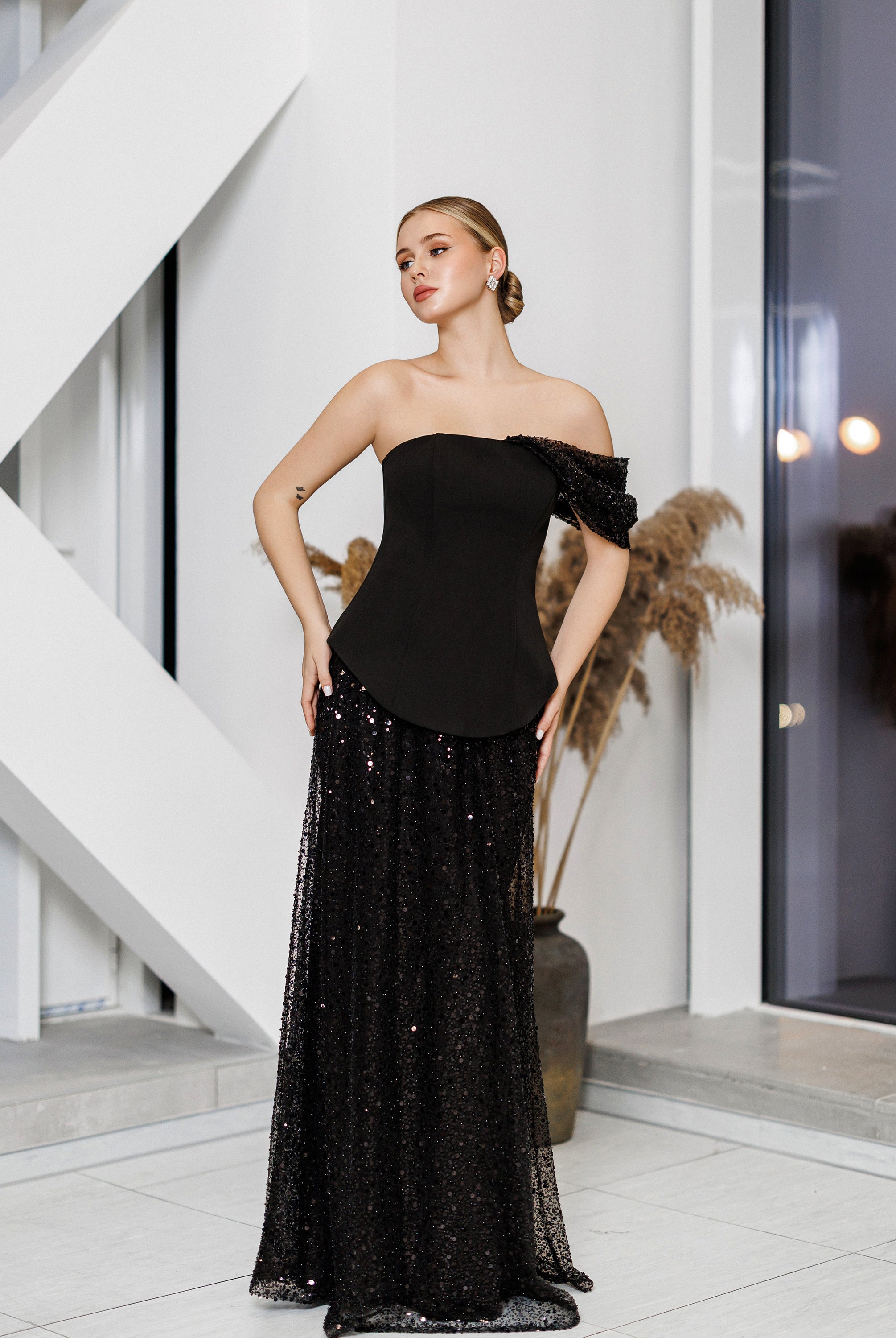 Julie Black Sequin Off-Shoulder Maxi Dress - back view | ELAGIA