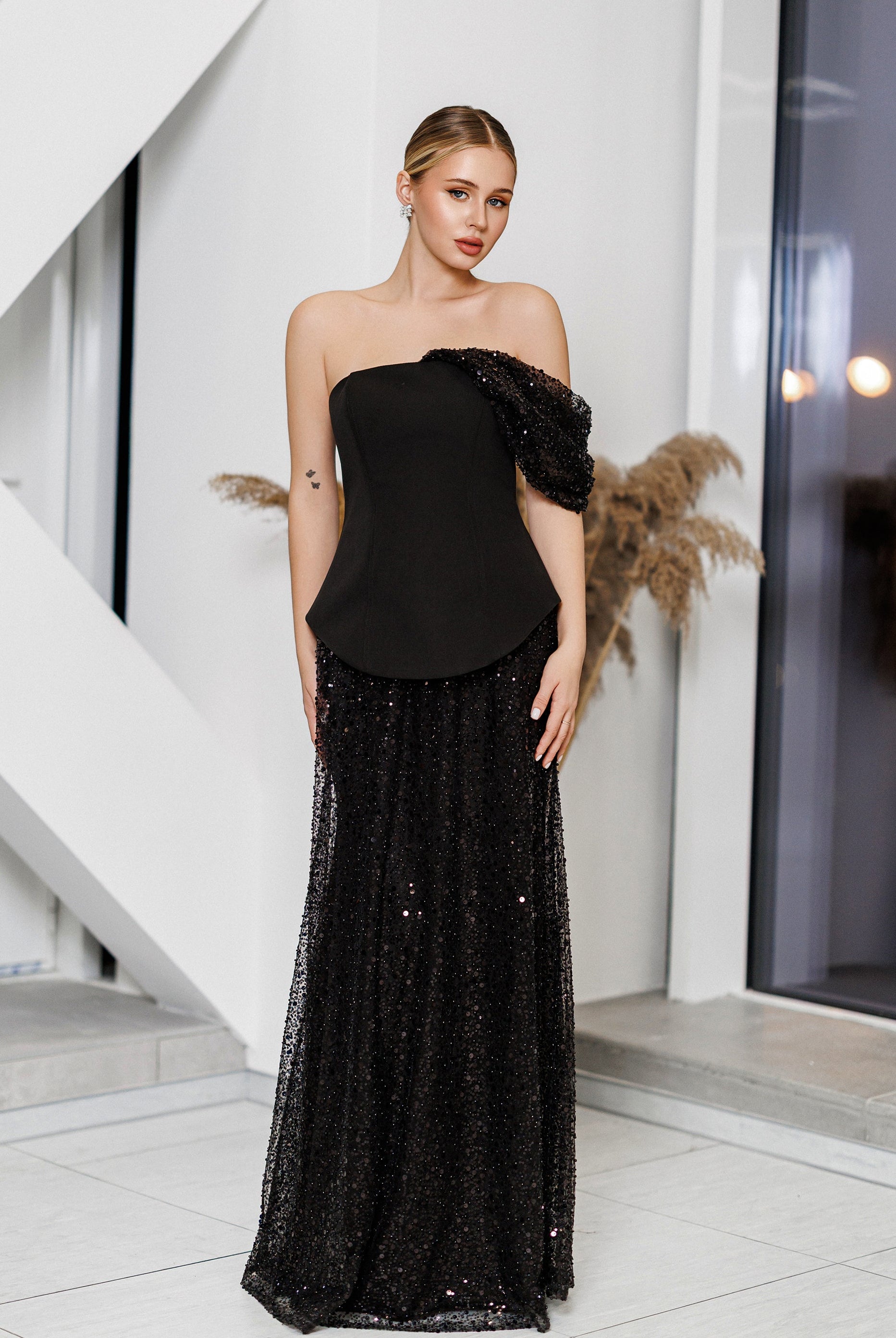 Julie Black Sequin Off-Shoulder Maxi Dress - front view | ELAGIA