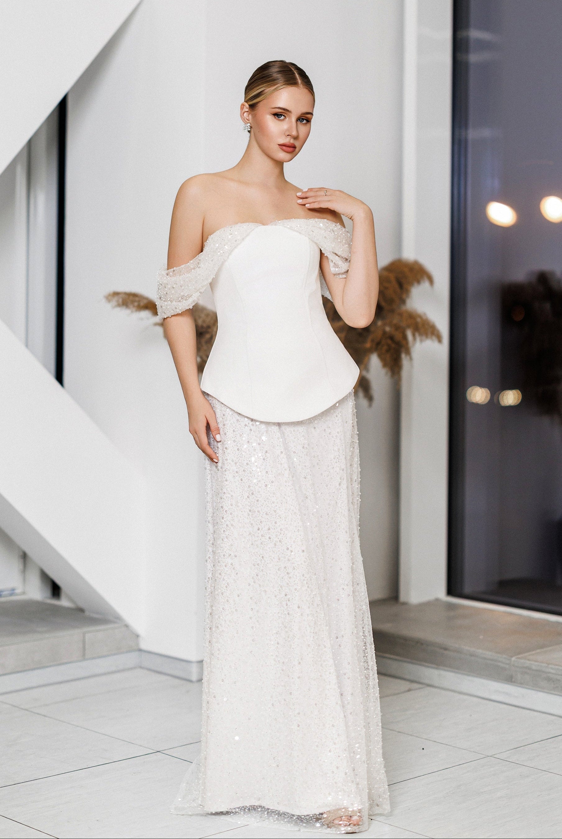 Julie White Sequin Off-Shoulder Maxi Dress - front view | ELAGIA