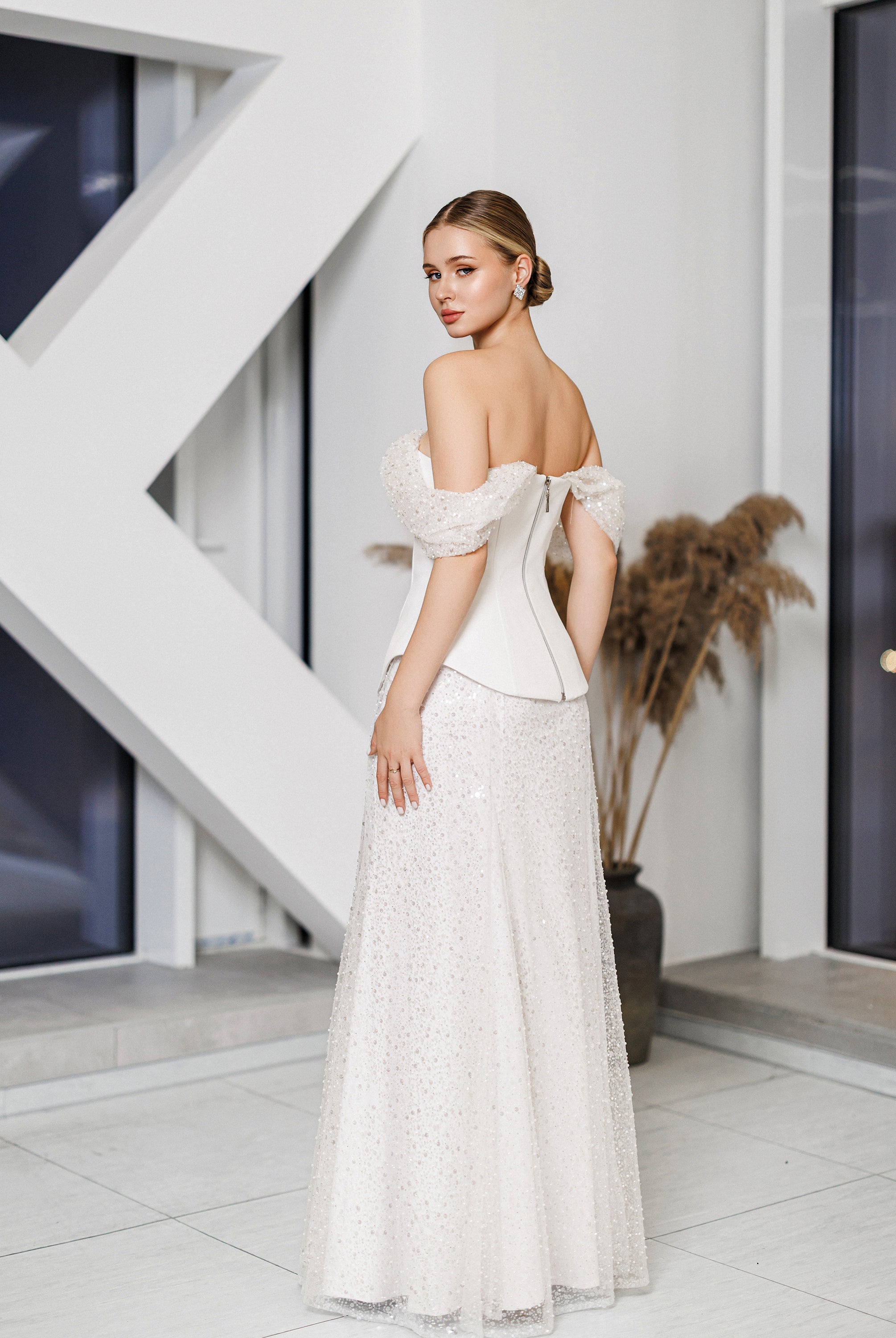 Julie White Sequin Off-Shoulder Maxi Dress - side view | ELAGIA