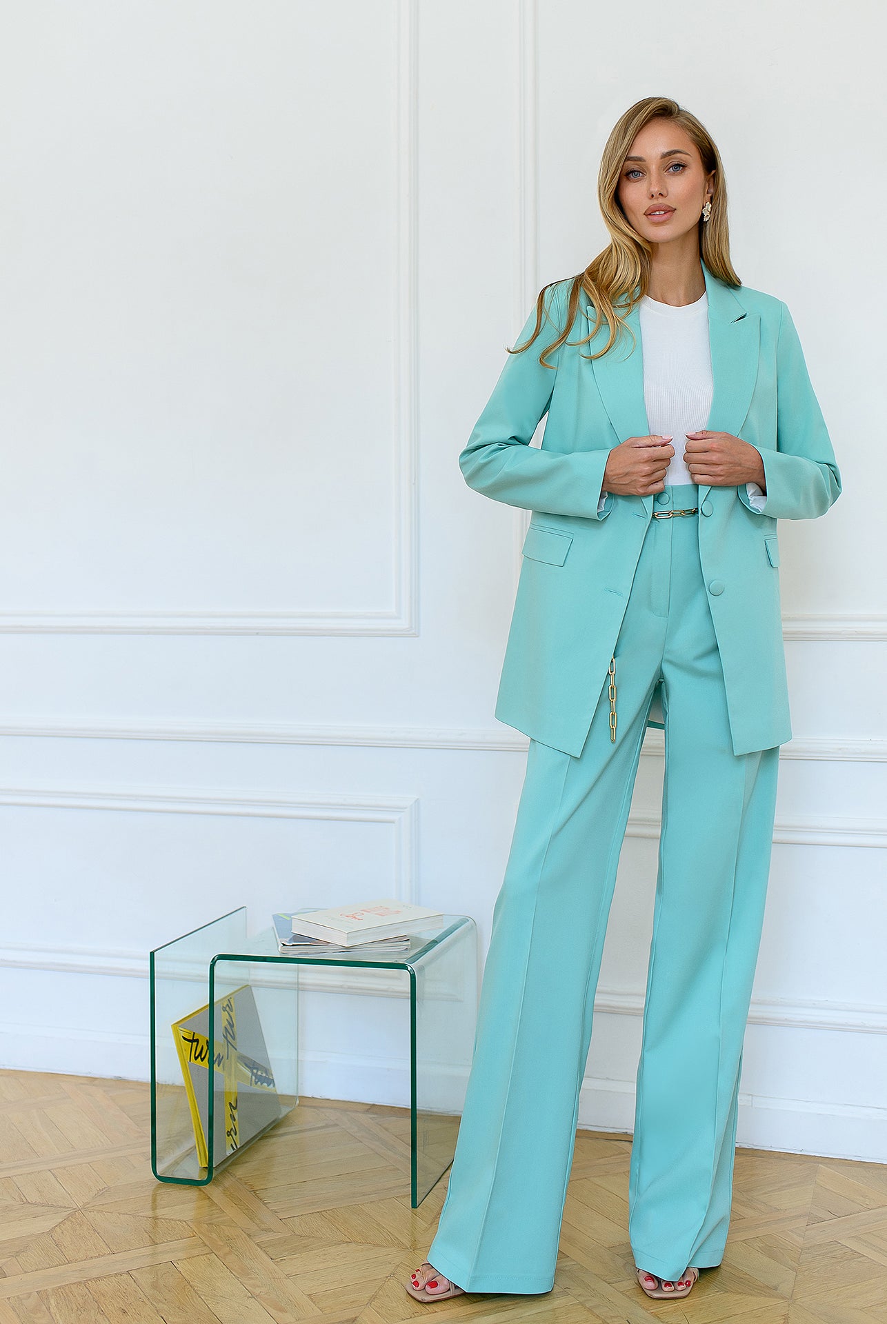 Tiffany-Blue Single-Breasted Oversized Suit 2-Piece - front view | ELAGIA
