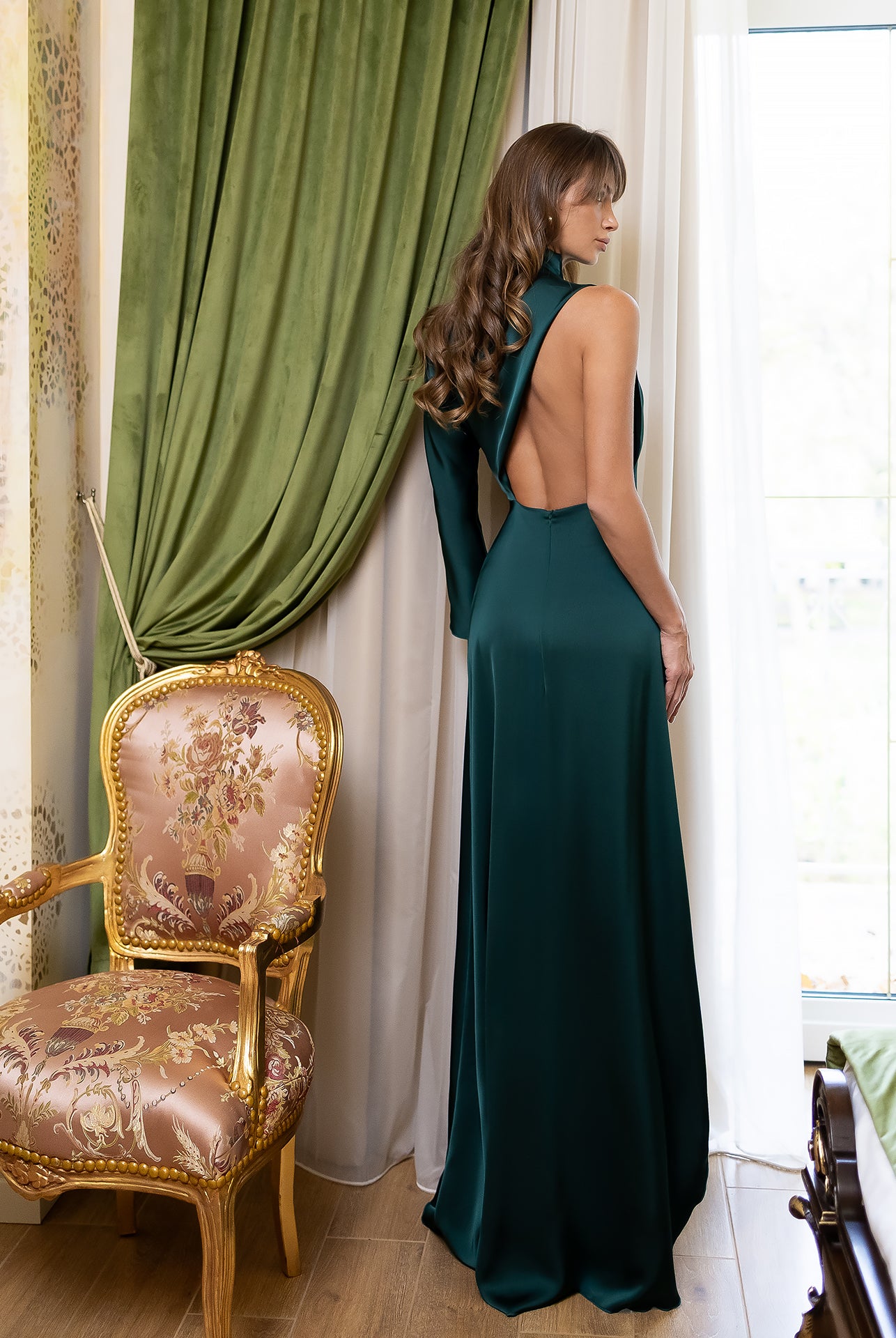 Emerald Satin Draped Neck One-Shoulder Maxi Dress - styled look | ELAGIA