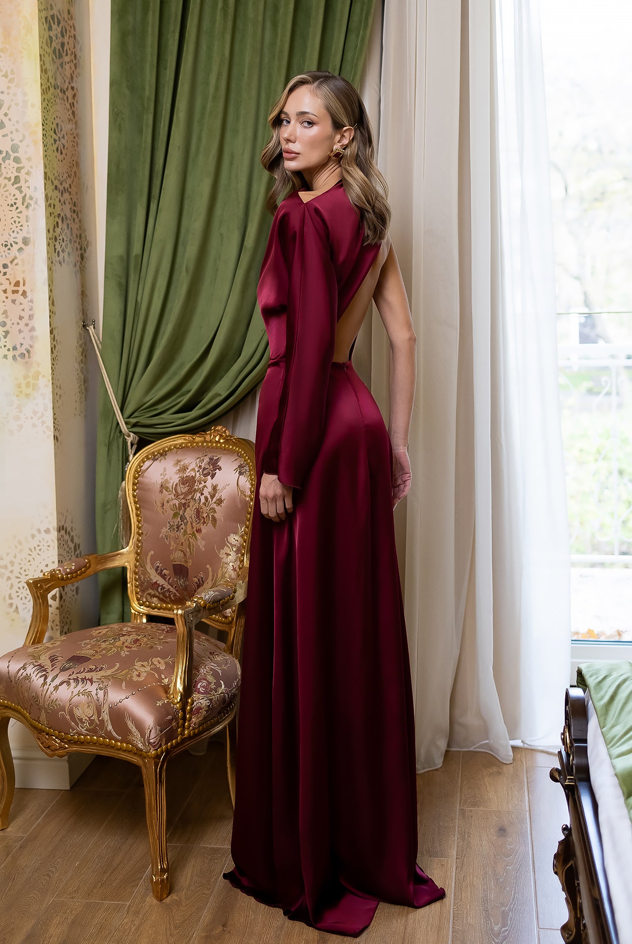 Bordeaux Satin Draped Neck One-Shoulder Maxi Dress - view 7 | ELAGIA