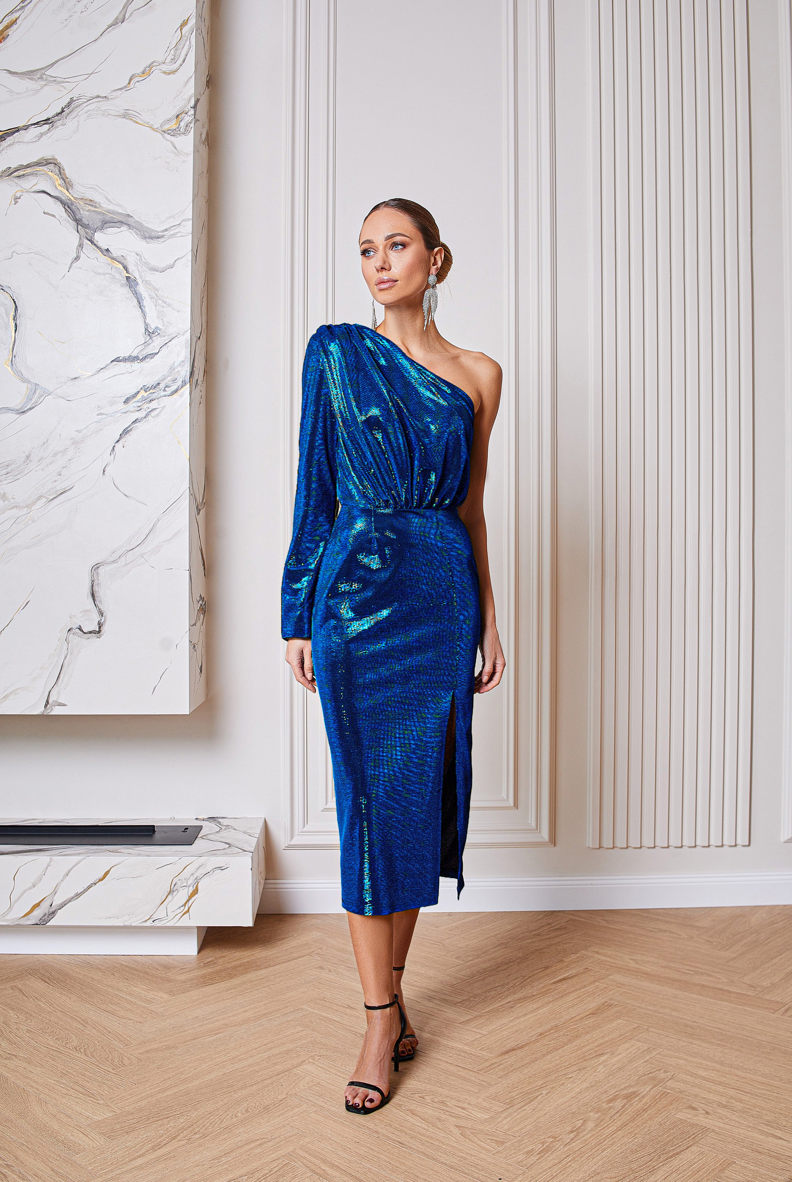 Blue One-Shoulder Sequin Midi Dress - front view | ELAGIA