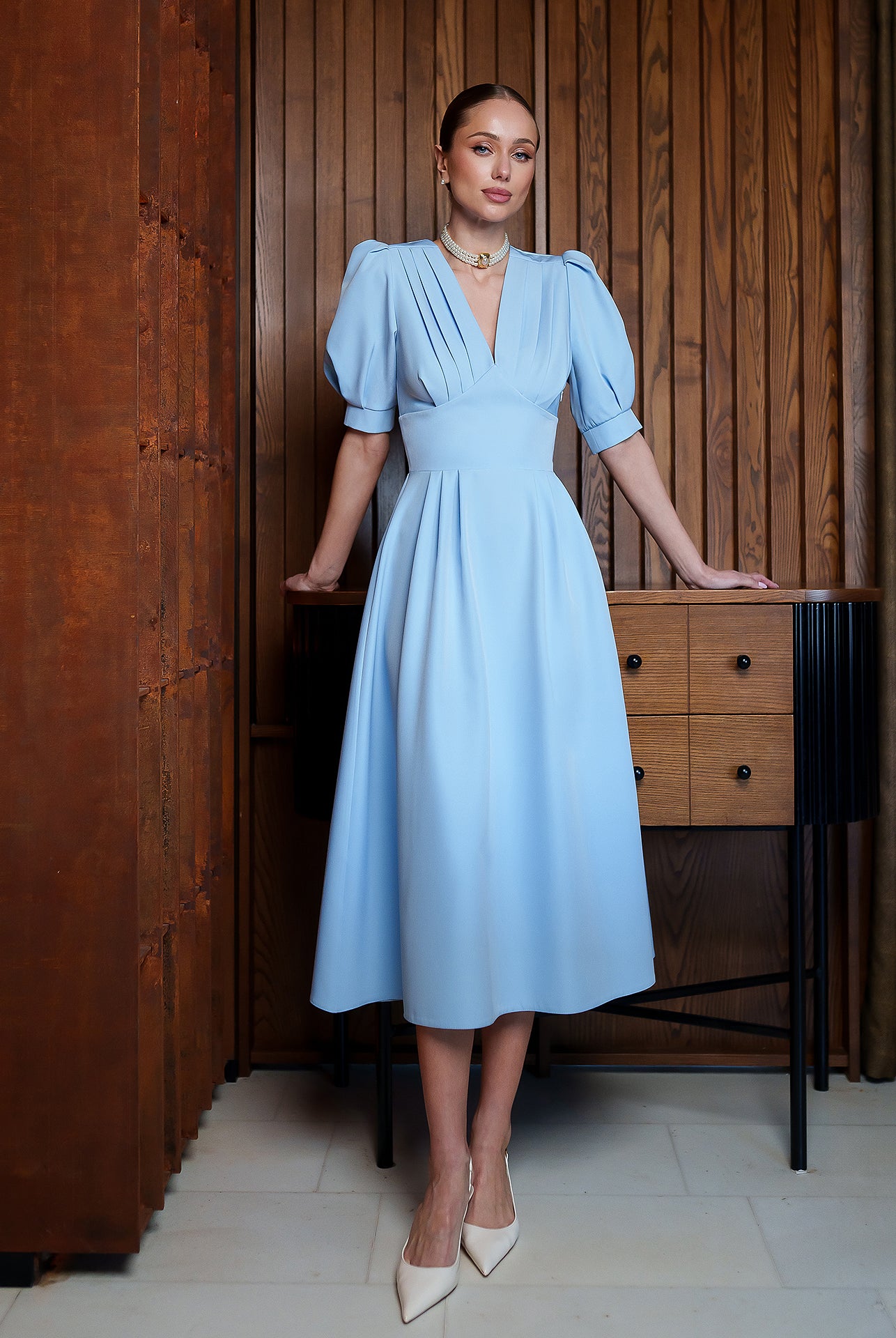 Sky-Blue V-Neck Puff-Sleeve Midi Dress - front view | ELAGIA