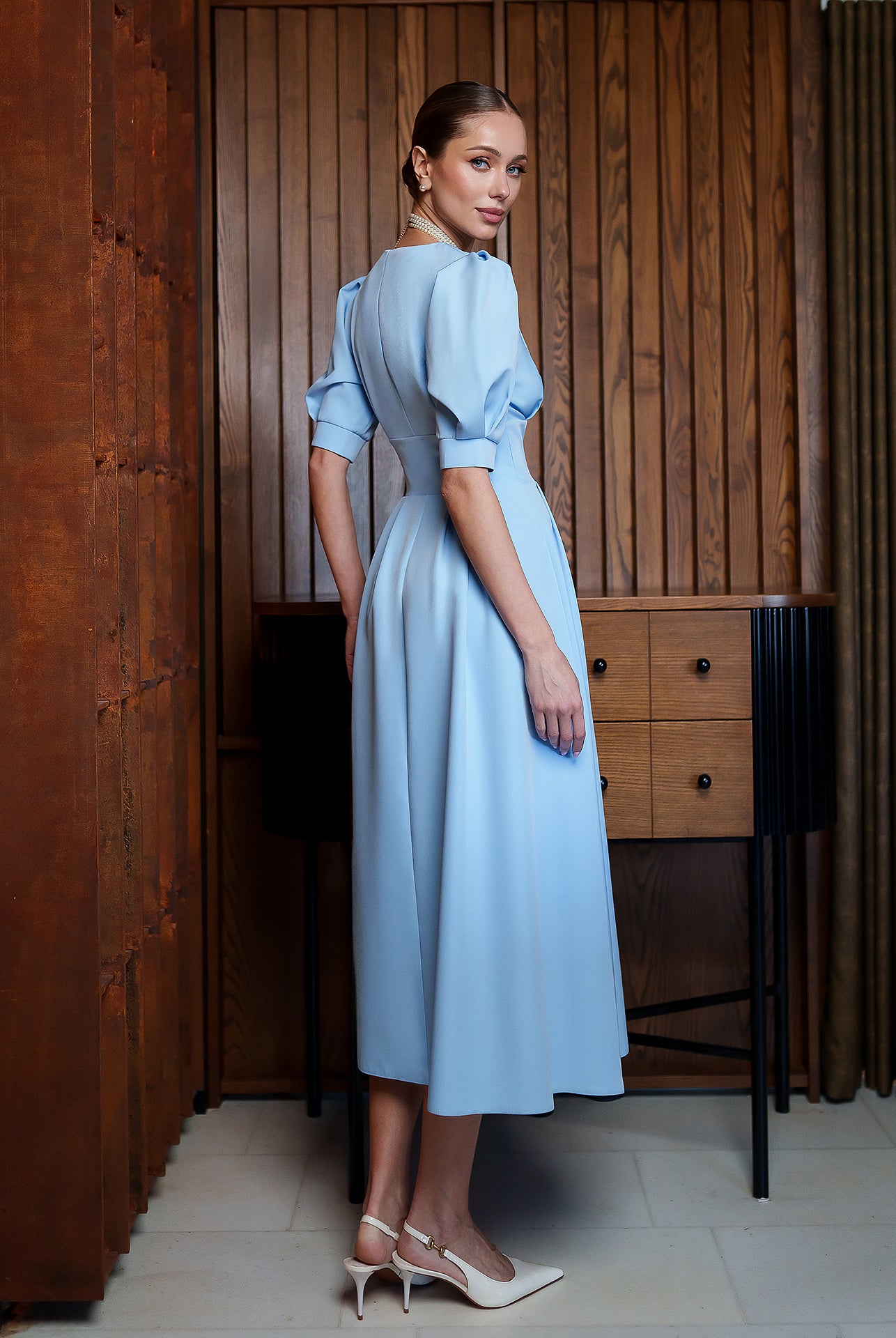 Sky-Blue V-Neck Puff-Sleeve Midi Dress - side view | ELAGIA