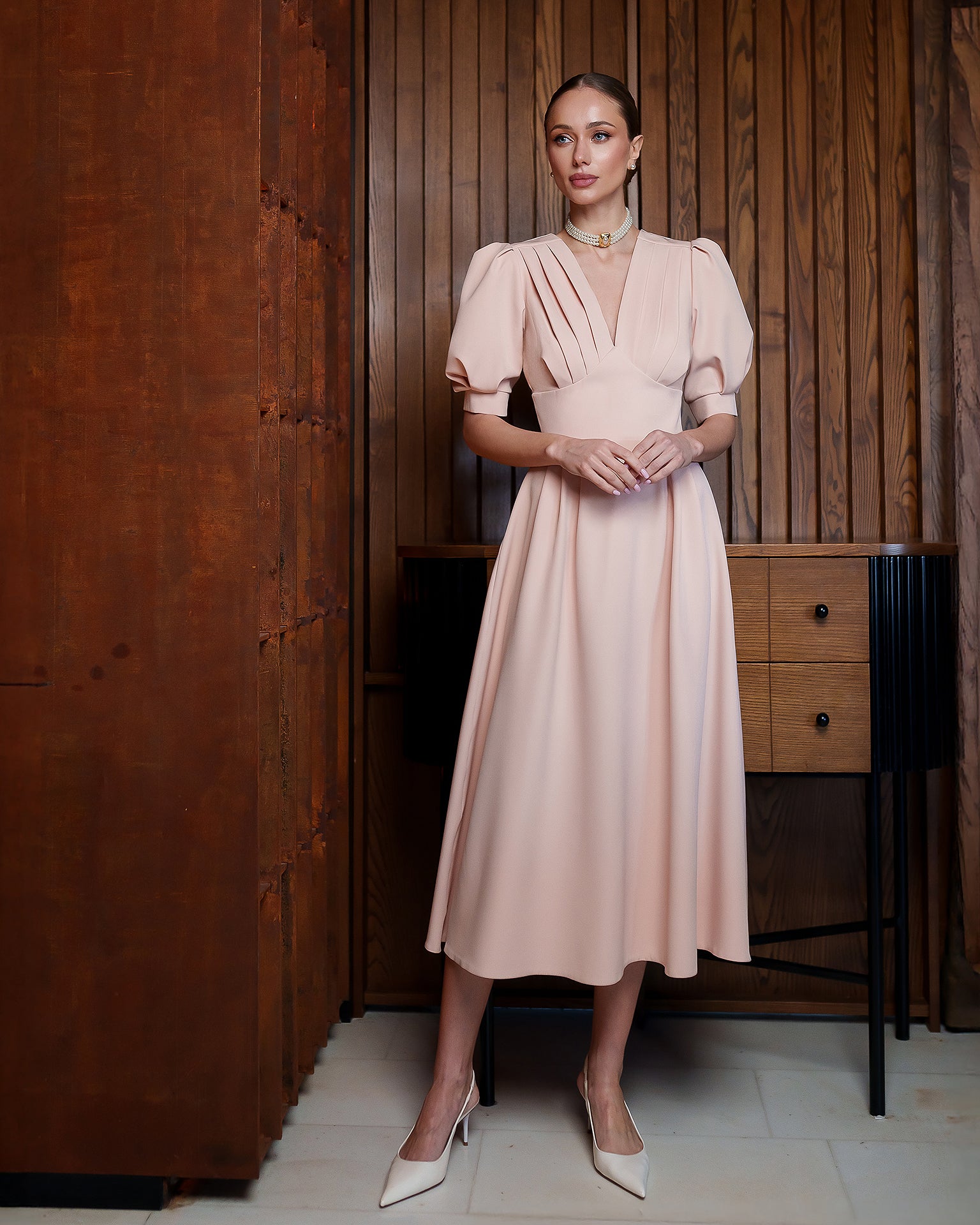 Beige V-Neck Puff-Sleeve Midi Dress