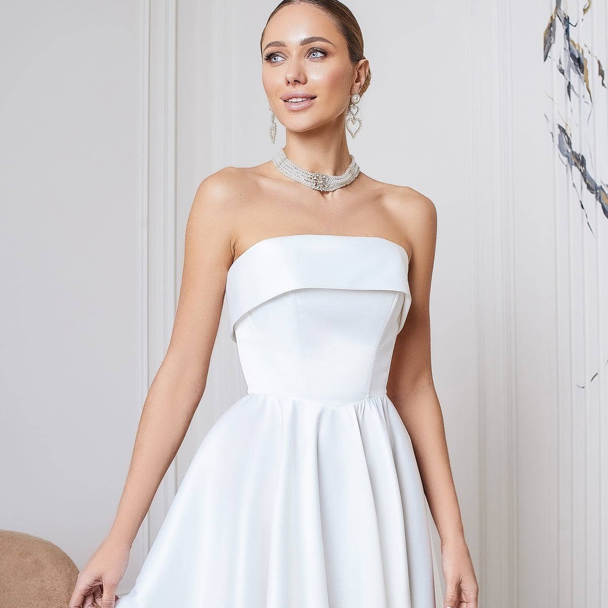 white strapless fit and flare dress White Satin Strapless Mini Dress