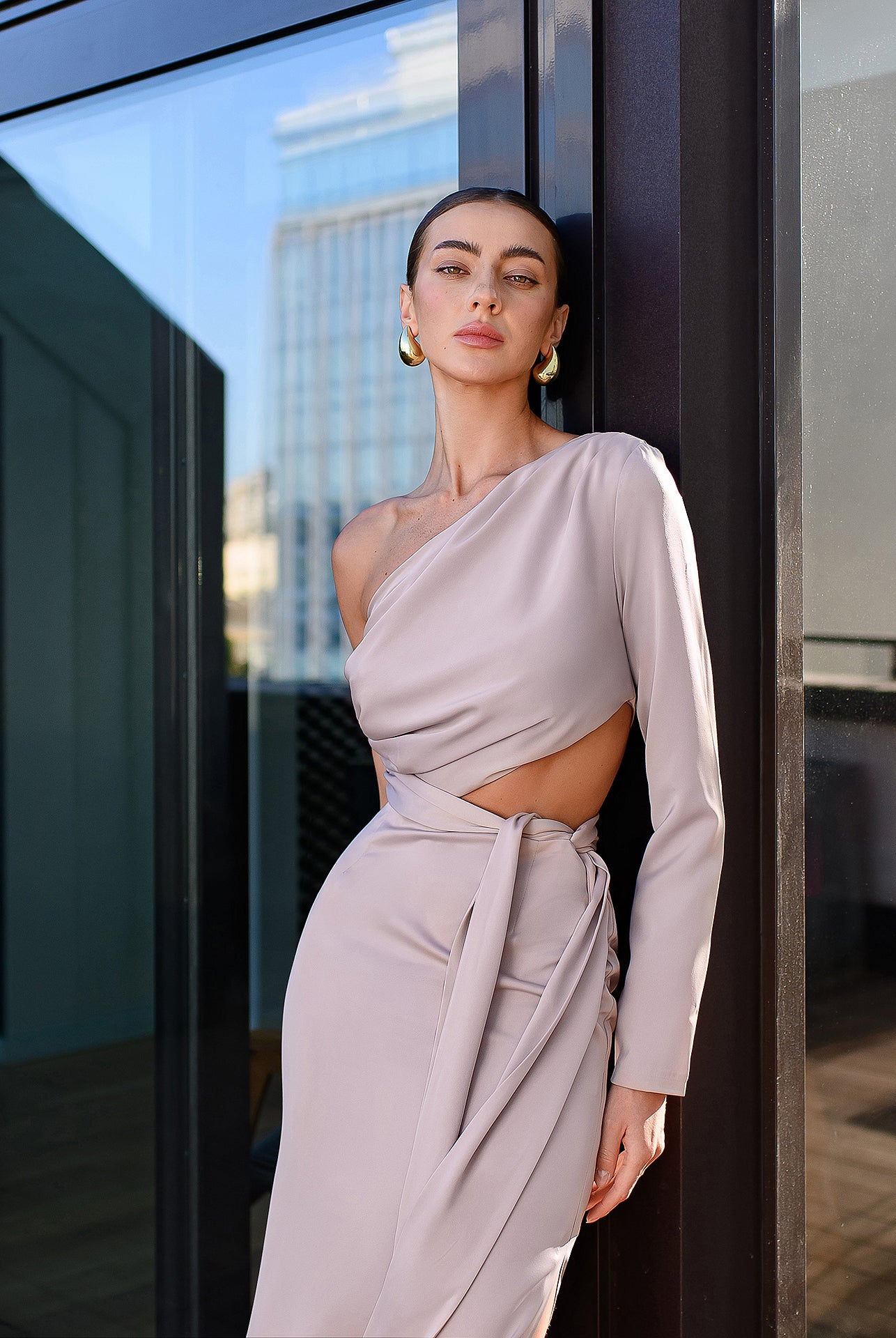 Beige Satin One-Shoulder Cut-Out Midi Dress - View 10 | ELAGIA