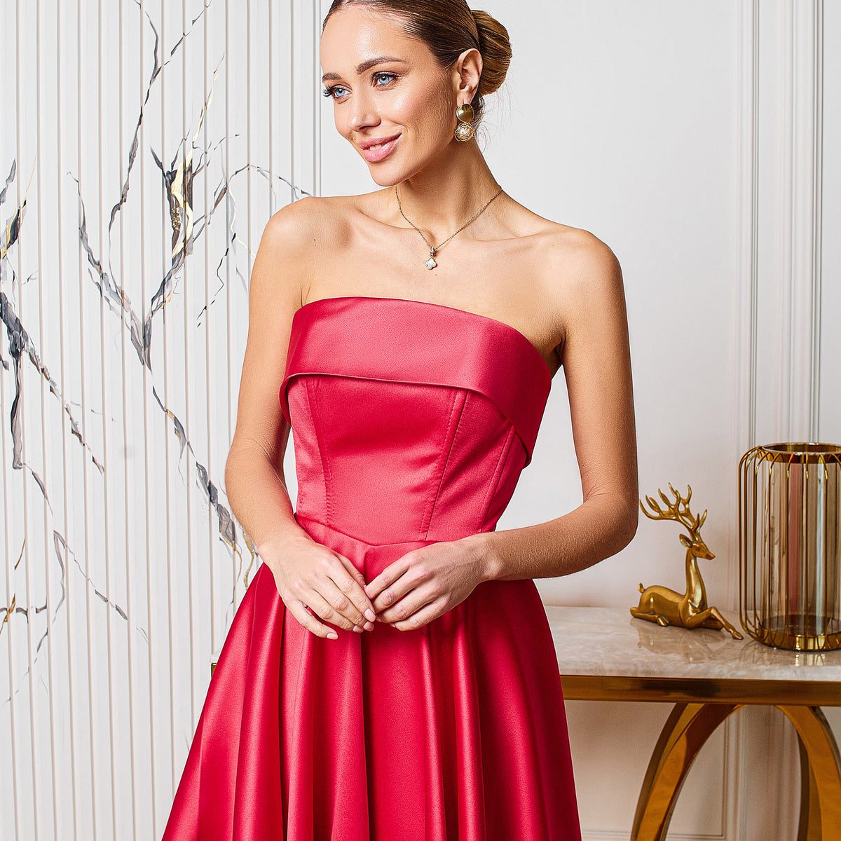 fitted lace wedding dress Tannesa Bandeau Mini Dress in Deep Red Satin main image 1