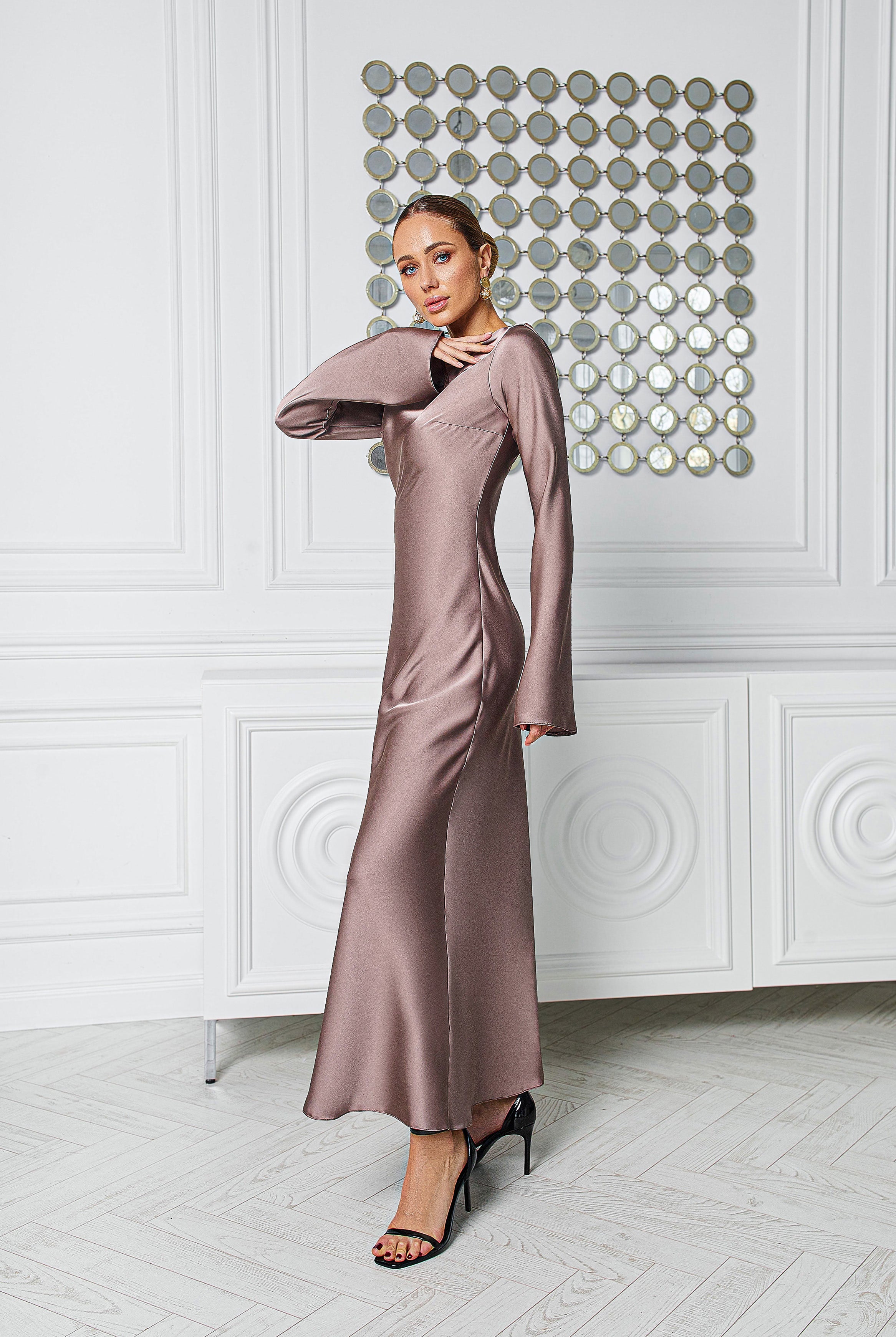 Alexa Mocco Satin Long Sleeve Maxi Dress - side view | ELAGIA