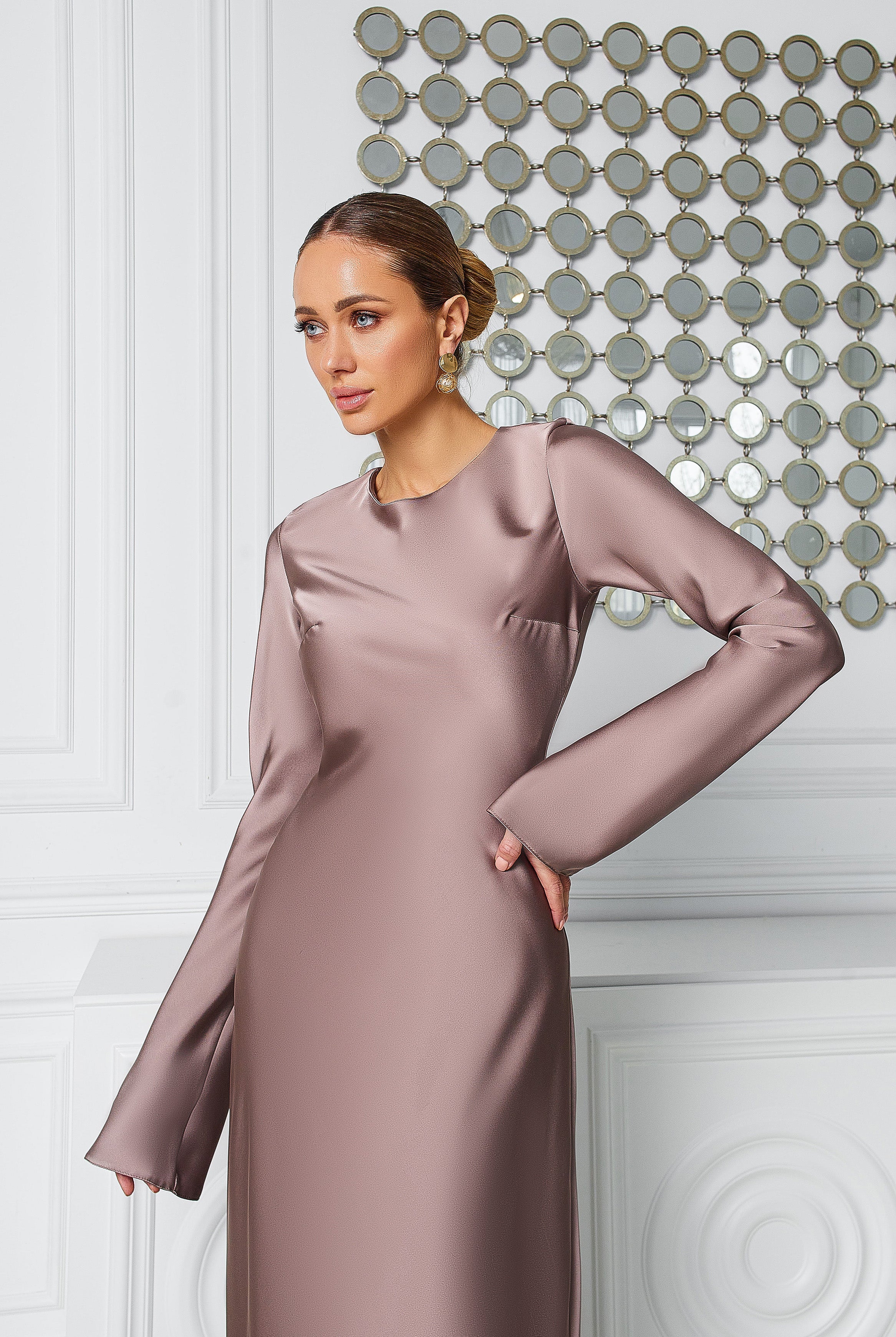 Alexa Mocco Satin Long Sleeve Maxi Dress - close-up detail | ELAGIA